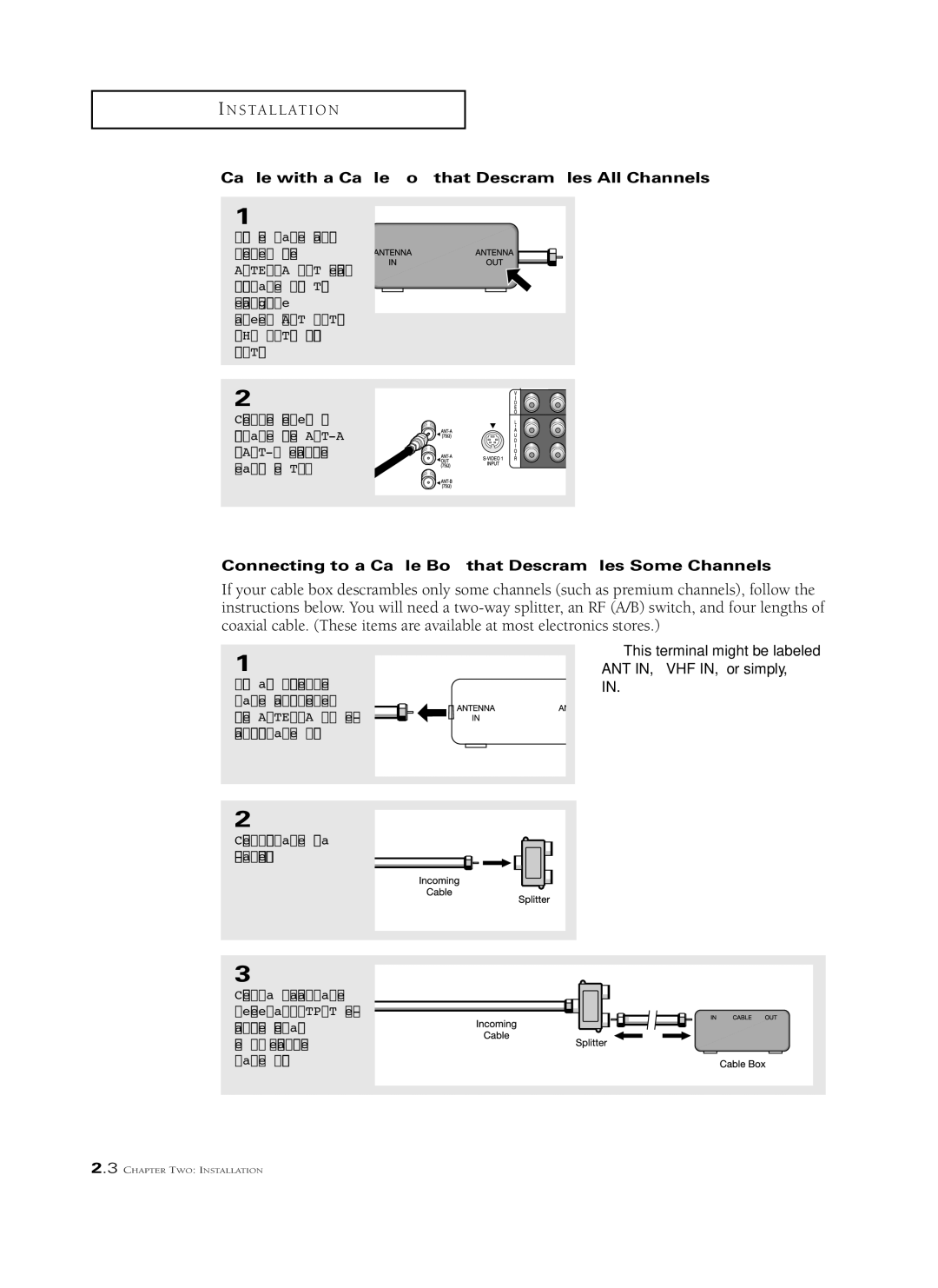 Samsung HCM 553W, HCM6525W Cable with a Cable box that Descrambles All Channels, Connect this cable to a two-way splitter 