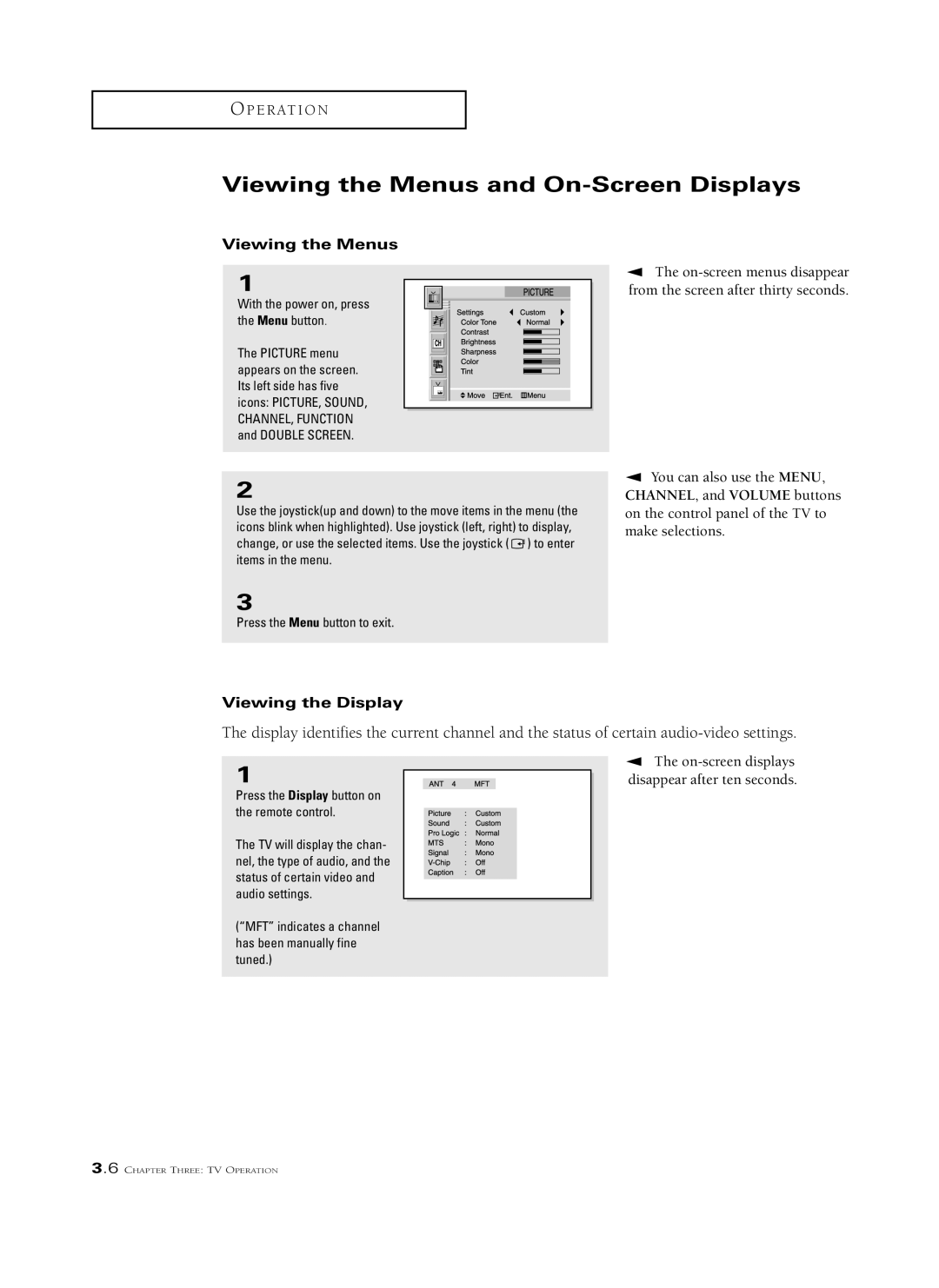 Samsung HCM5525W, HCM6525W, HCL 652W, HCL 473W, HCL 552W manual Viewing the Menus and On-Screen Displays, Viewing the Display 