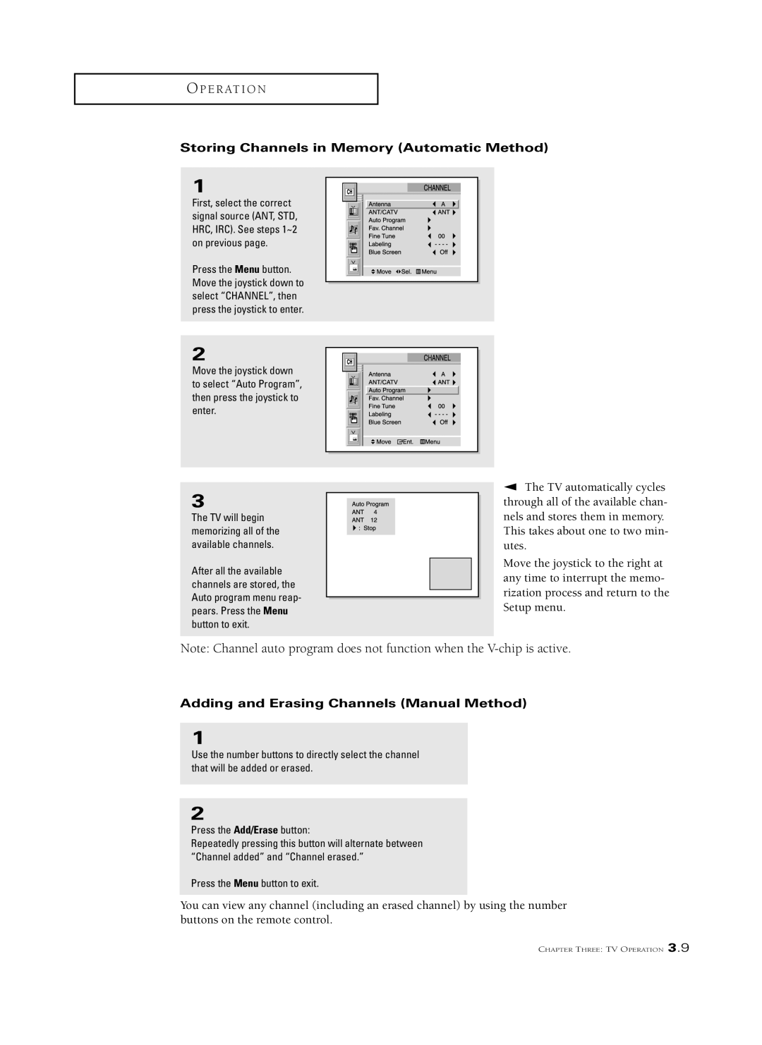 Samsung HCL 652W, HCM6525W, HCL 473W Storing Channels in Memory Automatic Method, Adding and Erasing Channels Manual Method 