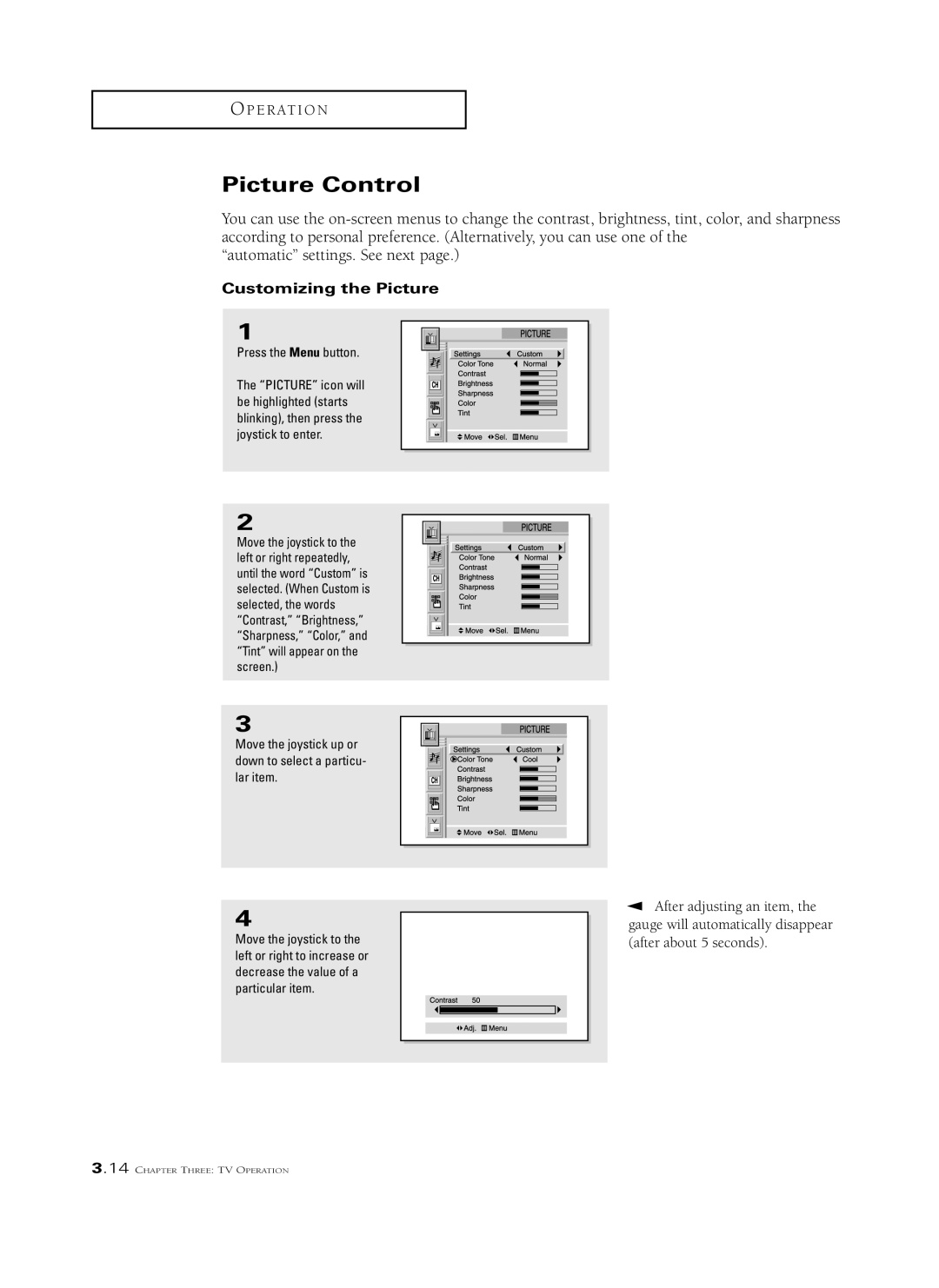 Samsung HCM 553W, HCM6525W, HCL 652W, HCL 473W, HCL 552W, HCL 6515W, HCM653W, HCL5515W Picture Control, Customizing the Picture 