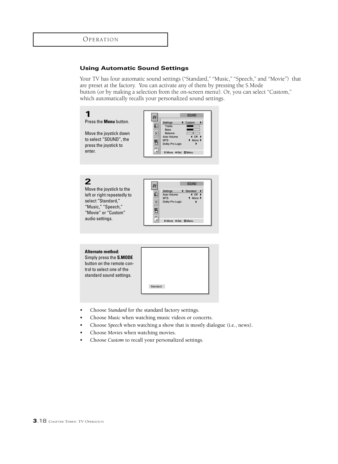 Samsung HCM6525W, HCL 652W, HCL 473W, HCL 552W, HCL 6515W, HCM653W, HCM 553W Using Automatic Sound Settings, Alternate method 