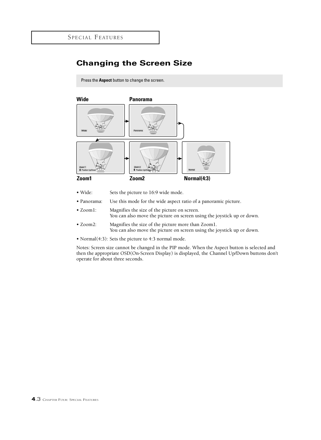 Samsung HCM 553W, HCM6525W, HCL 652W, HCL 473W manual Changing the Screen Size, Press the Aspect button to change the screen 