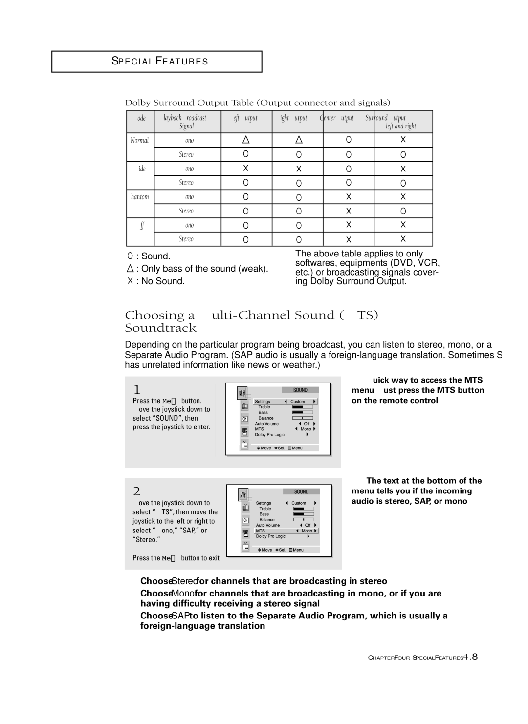 Samsung HCL 652W Choosing a Multi-Channel Sound MTS Soundtrack, Dolby Surround Output Table Output connector and signals 