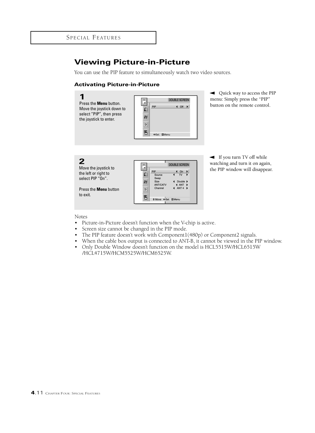 Samsung HCL 6515W, HCM6525W, HCL 652W, HCL 473W, HCL 552W, HCM653W Viewing Picture-in-Picture, Activating Picture-in-Picture 