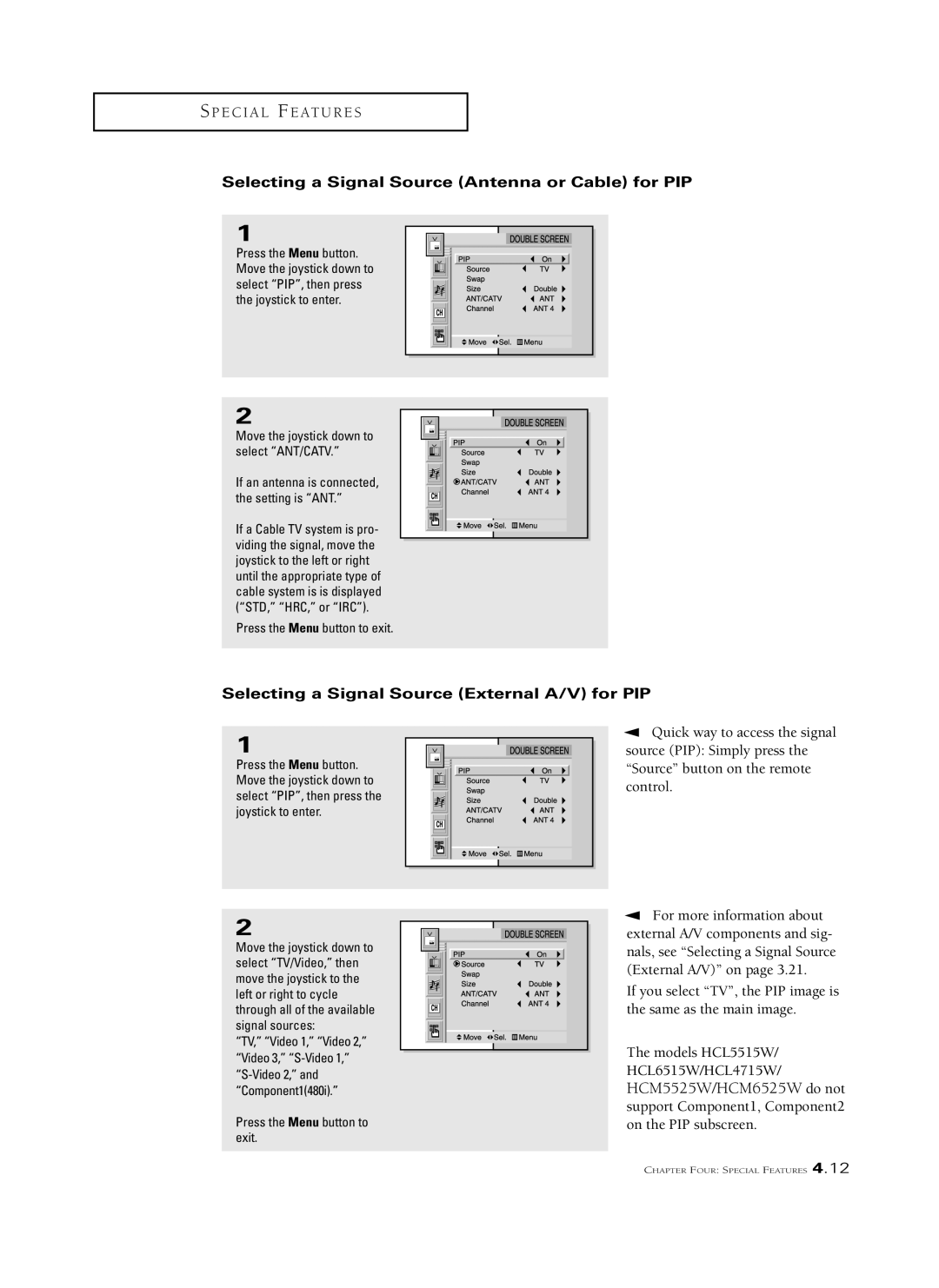 Samsung HCM653W manual Selecting a Signal Source Antenna or Cable for PIP, Selecting a Signal Source External A/V for PIP 