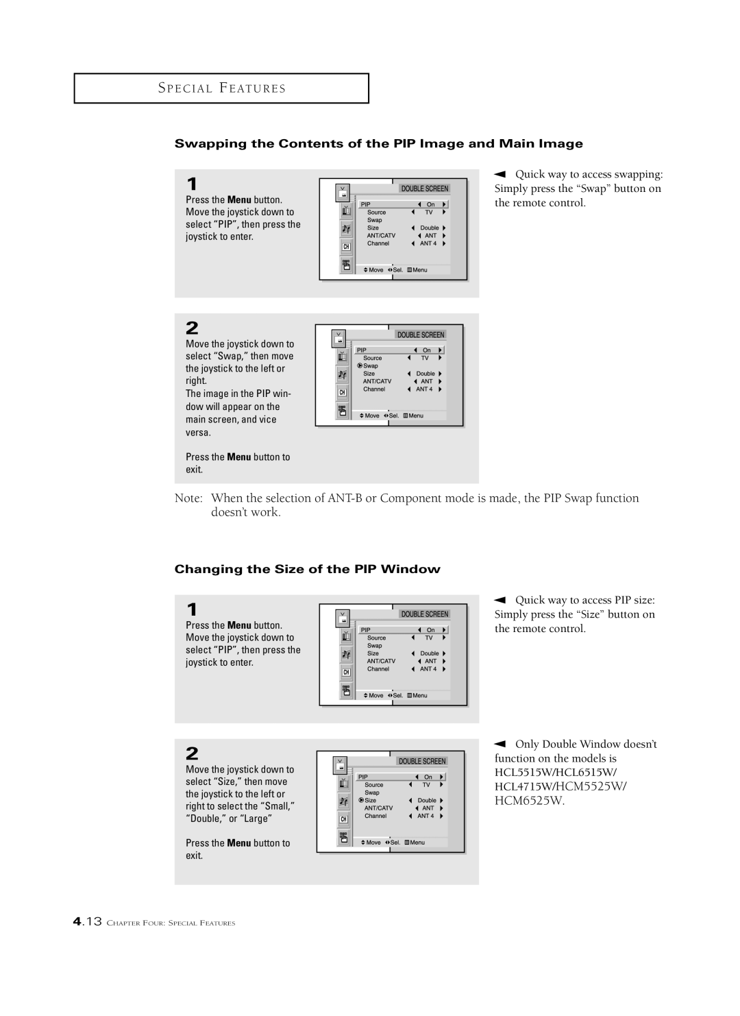 Samsung HCM 553W, HCM6525W manual Swapping the Contents of the PIP Image and Main Image, Changing the Size of the PIP Window 