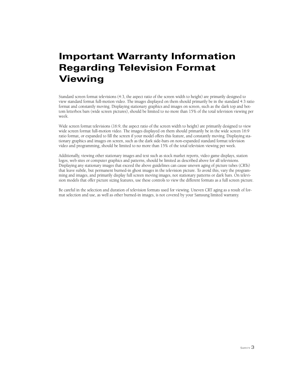 Samsung HCM653W, HCM6525W, HCL 652W, HCL 473W, HCL 552W Important Warranty Information Regarding Television Format Viewing 