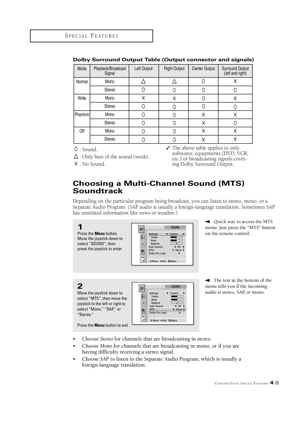 Samsung HCL 652W, HCM6525W, HCL 473W, HCL 552W, HCL 6515W, HCM653W, HCM 553W manual Choosing a Multi-Channel Sound MTS Soundtrack 