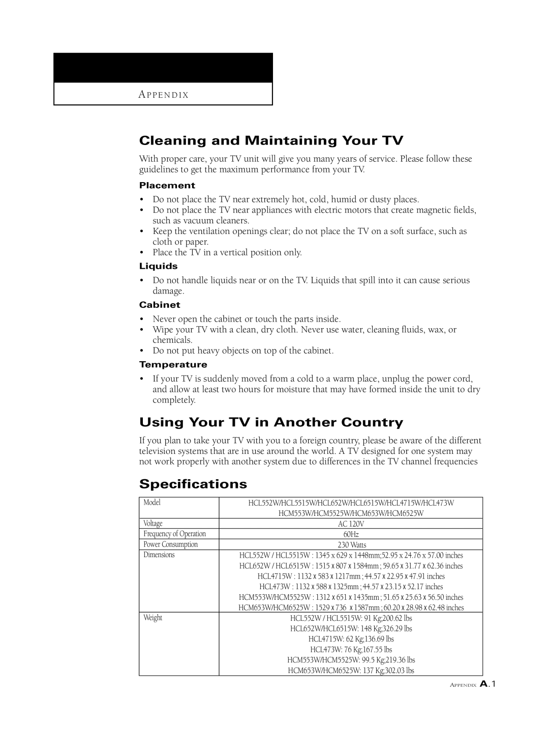 Samsung HCL5515W, HCM6525W, HCL 652W Cleaning and Maintaining Your TV, Using Your TV in Another Country, Specifications 