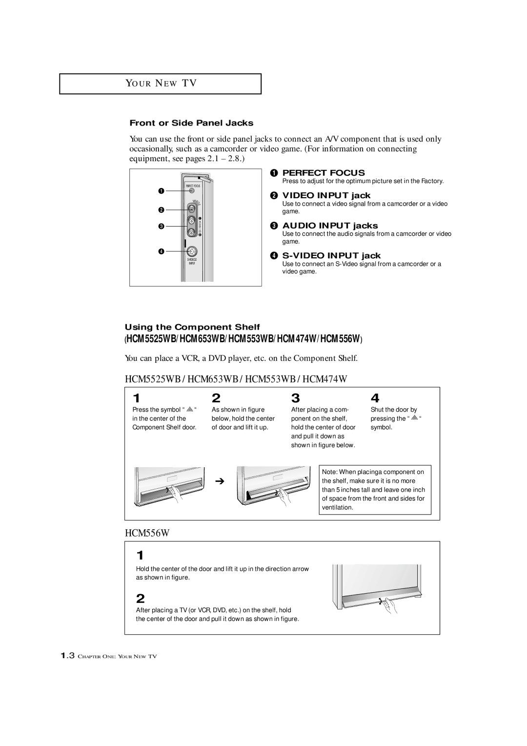 Samsung HCM653WB, HCM4715W, HCM553WB Front or Side Panel Jacks, ´ Video Input jack, Audio Input jacks, ¨ S-VIDEO Input jack 