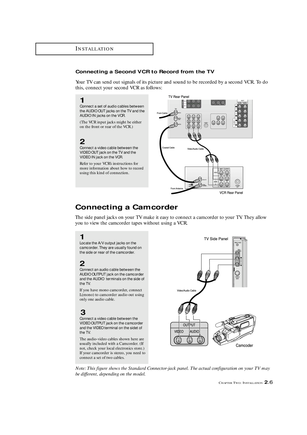 Samsung HCM474W, HCM653WB, HCM4715W, HCM553WB manual Connecting a Camcorder, Connecting a Second VCR to Record from the TV 