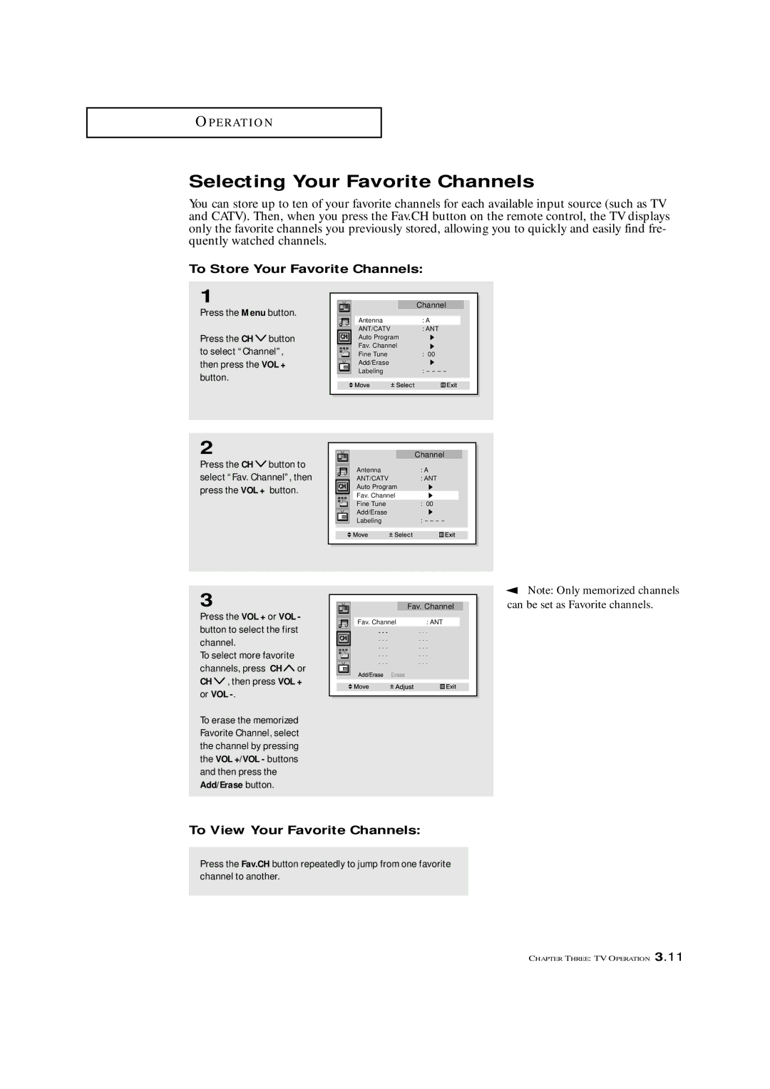 Samsung HCM5525WB manual Selecting Your Favorite Channels, To Store Your Favorite Channels, Can be set as Favorite channels 