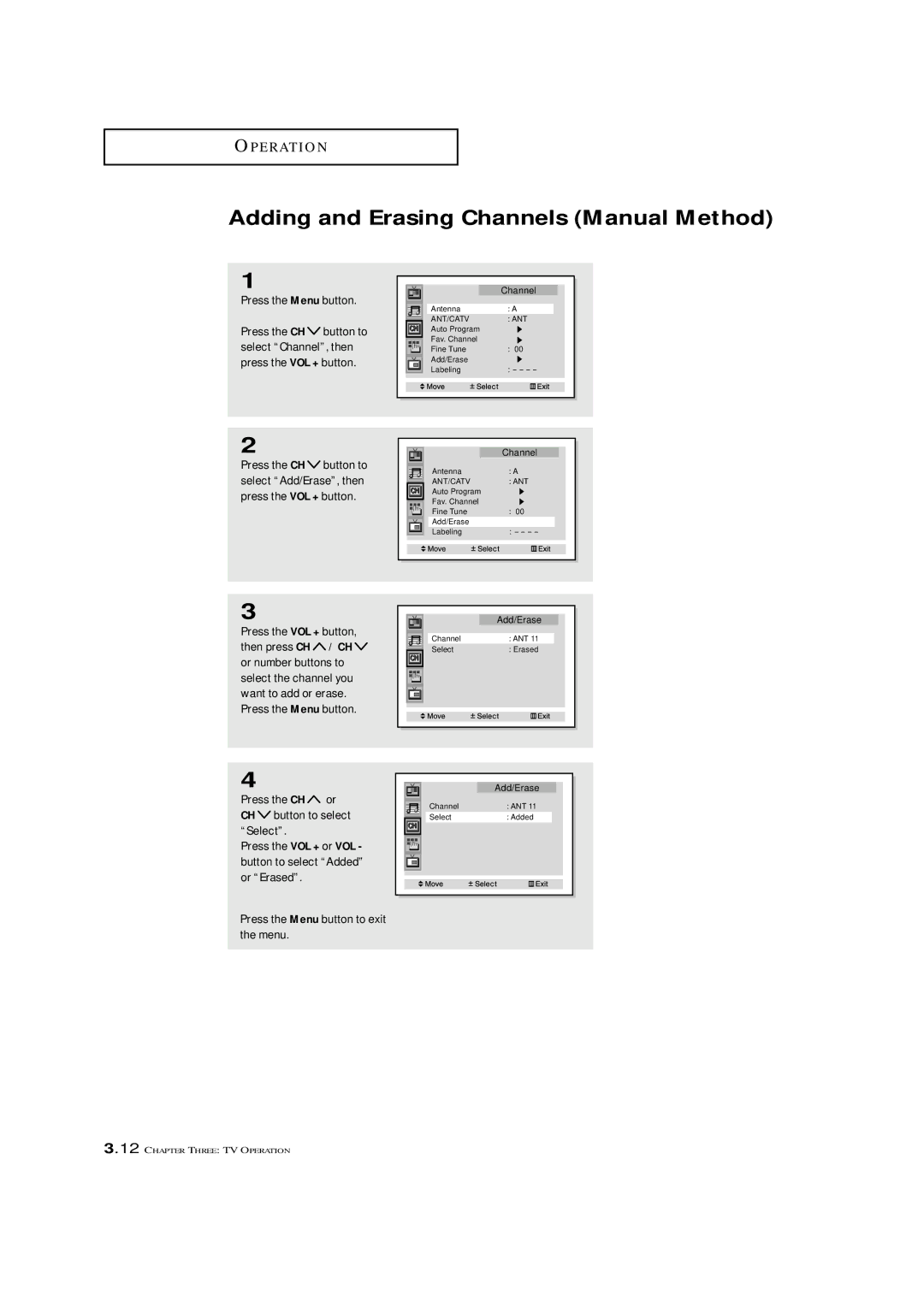 Samsung HCM474W, HCM653WB, HCM4715W, HCM553WB, HCM5525WB manual Adding and Erasing Channels Manual Method 