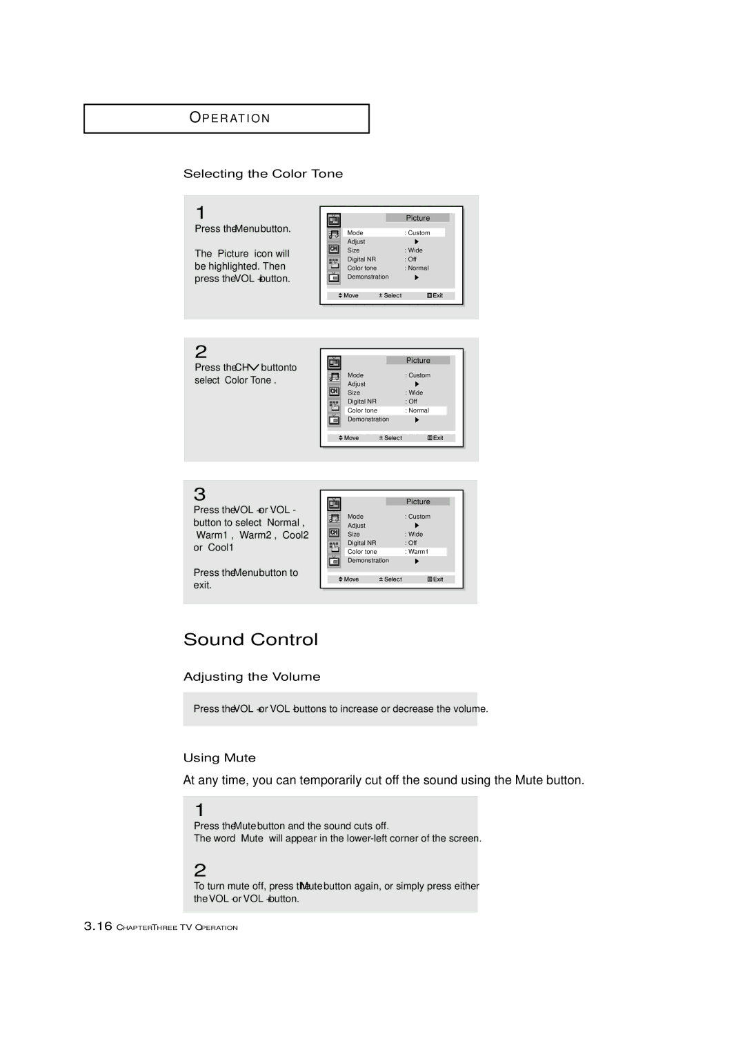 Samsung HCM5525WB, HCM653WB, HCM4715W, HCM553WB Sound Control, Selecting the Color Tone, Adjusting the Volume, Using Mute 