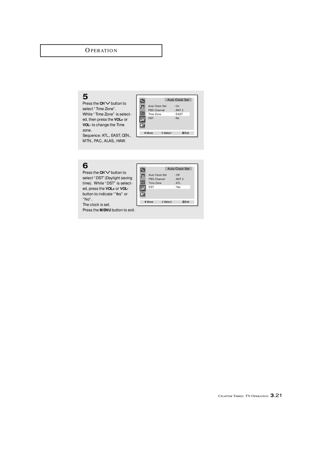 Samsung HCM5525WB, HCM653WB, HCM4715W, HCM553WB, HCM474W manual Press the CH button to select Time Zone 