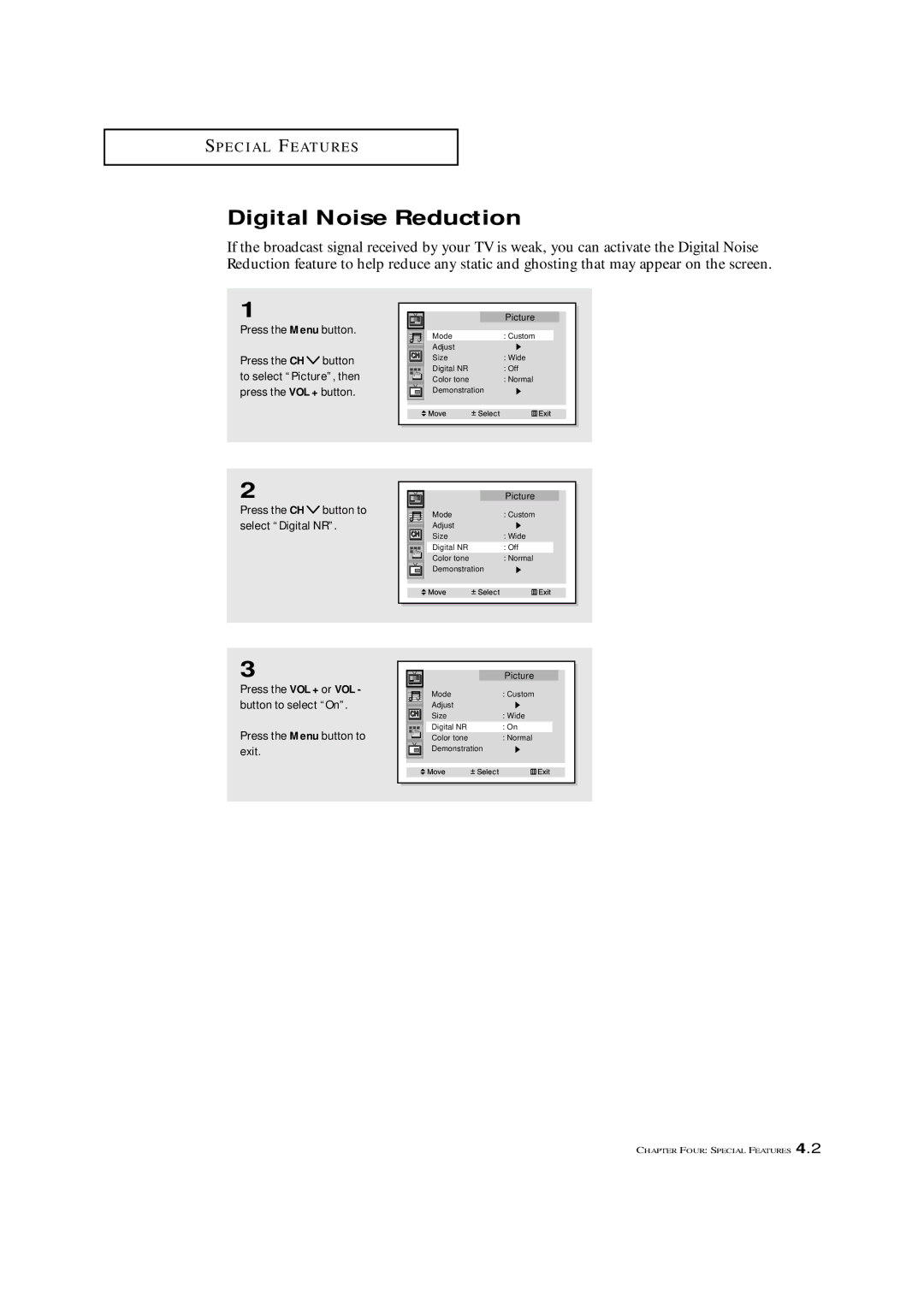 Samsung HCM653WB, HCM4715W, HCM553WB, HCM5525WB, HCM474W manual Digital Noise Reduction, Press the Menu button 