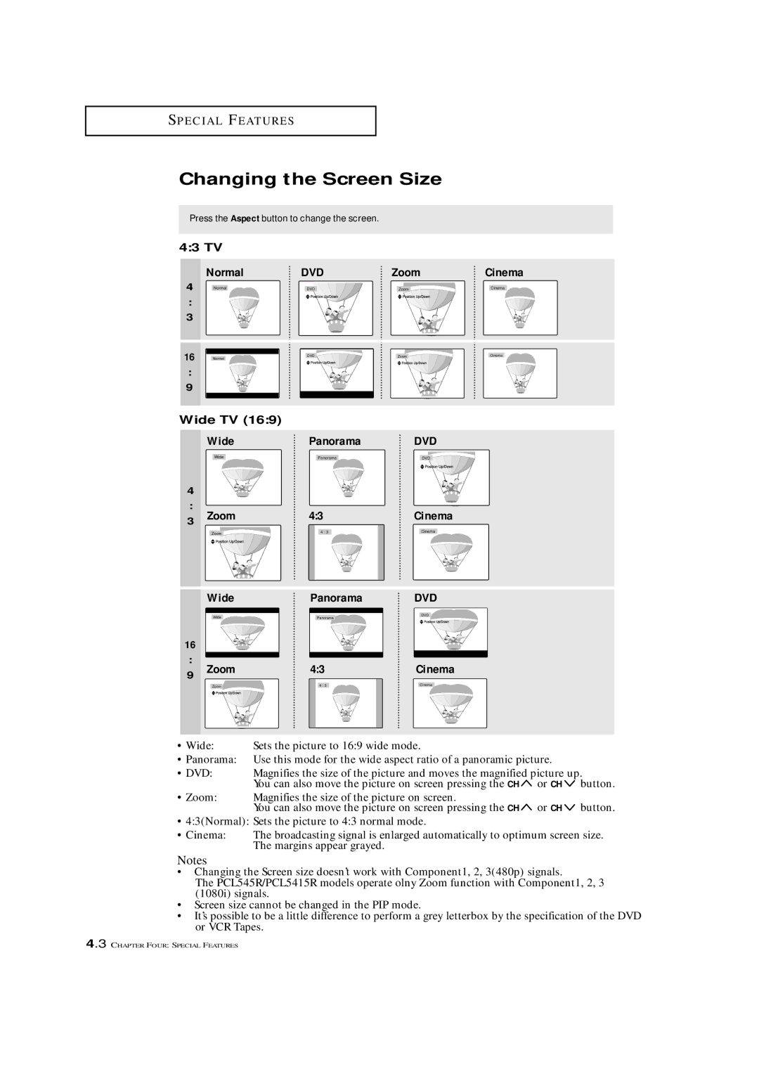 Samsung HCM4715W, HCM653WB, HCM553WB Changing the Screen Size, 43 TV, Wide TV, Press the Aspect button to change the screen 