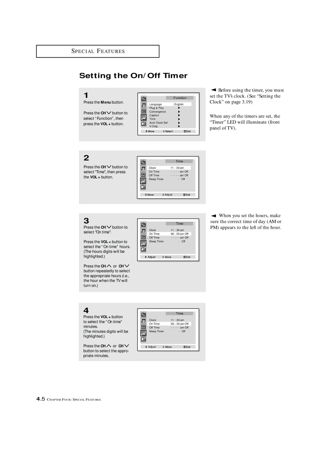 Samsung HCM5525WB, HCM653WB, HCM4715W Setting the On/Off Timer, Before using the timer, you must, Select Function, then 