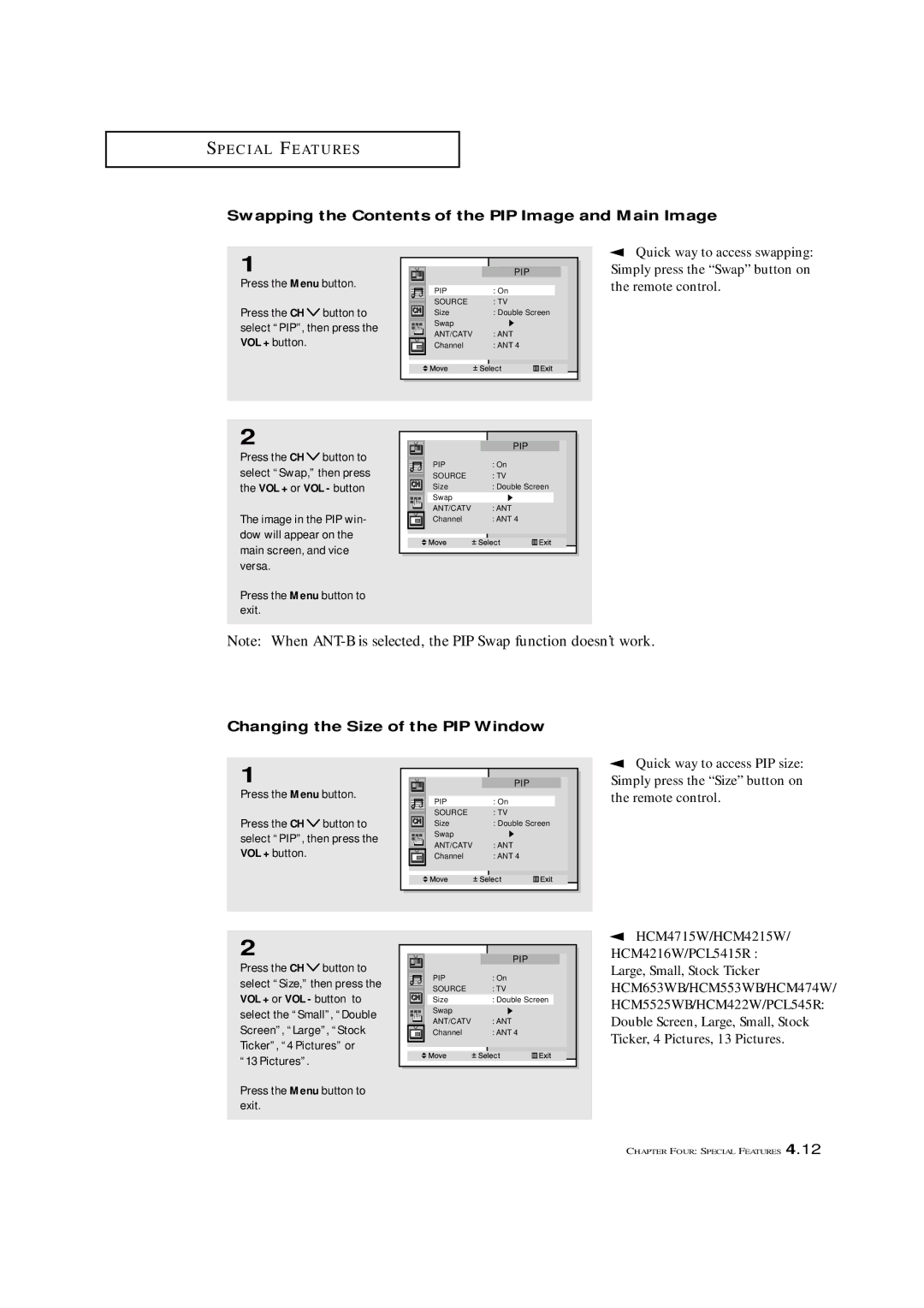 Samsung HCM653WB, HCM4715W manual Swapping the Contents of the PIP Image and Main Image, Changing the Size of the PIP Window 