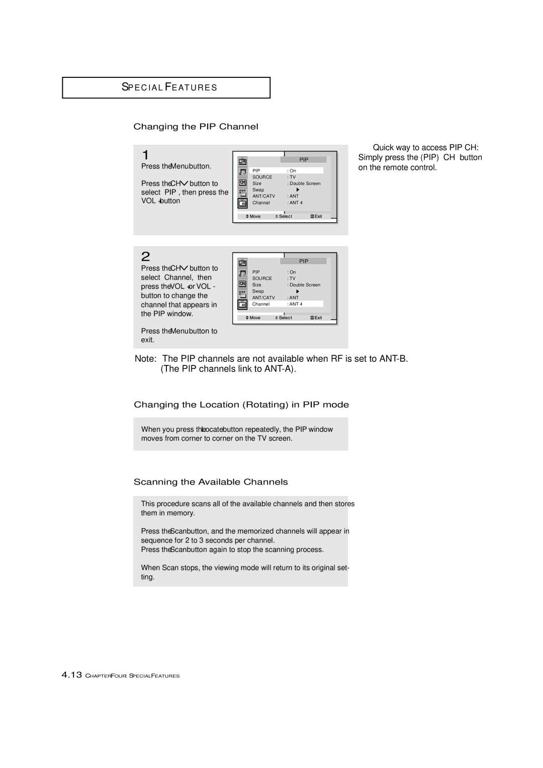 Samsung HCM4715W, HCM653WB, HCM553WB, HCM474W Changing the PIP Channel, Simply press the PIP CH button on the remote control 