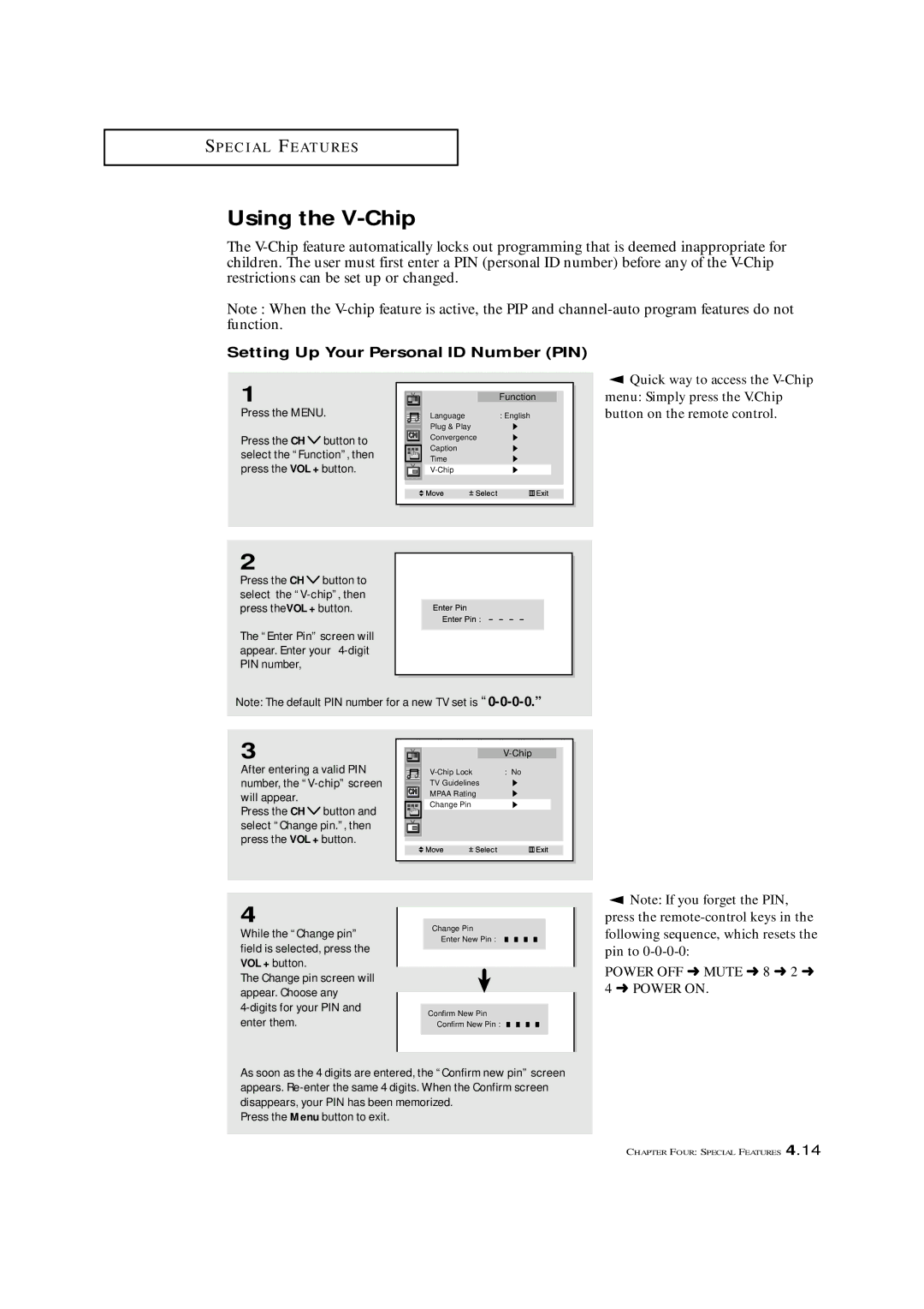 Samsung HCM553WB, HCM653WB manual Using the V-Chip, Setting Up Your Personal ID Number PIN, Quick way to access the V-Chip 