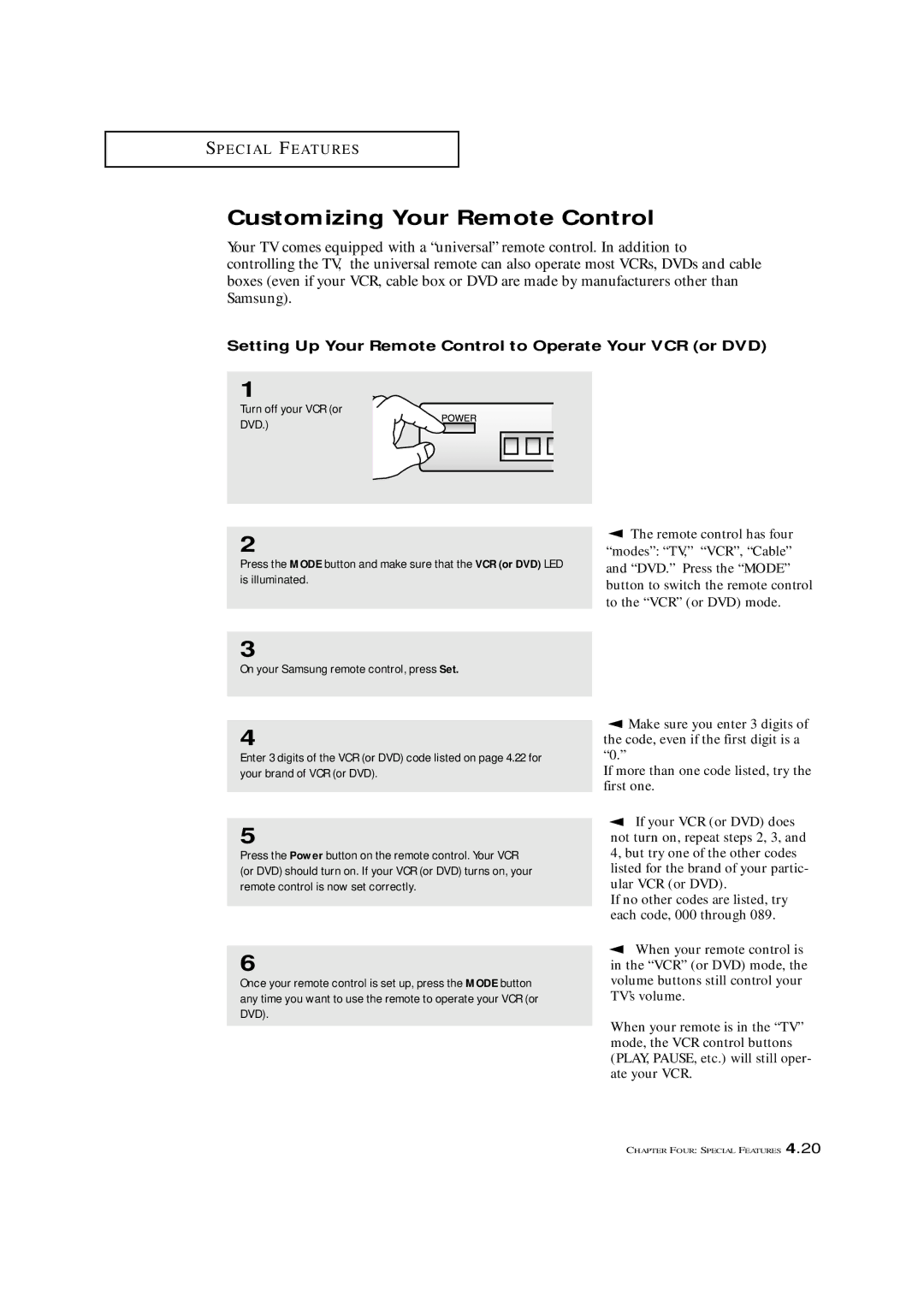 Samsung HCM5525WB, HCM653WB Customizing Your Remote Control, Setting Up Your Remote Control to Operate Your VCR or DVD 