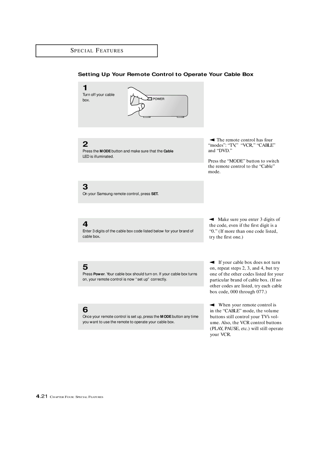 Samsung HCM474W, HCM653WB, HCM4715W, HCM553WB, HCM5525WB manual Setting Up Your Remote Control to Operate Your Cable Box 