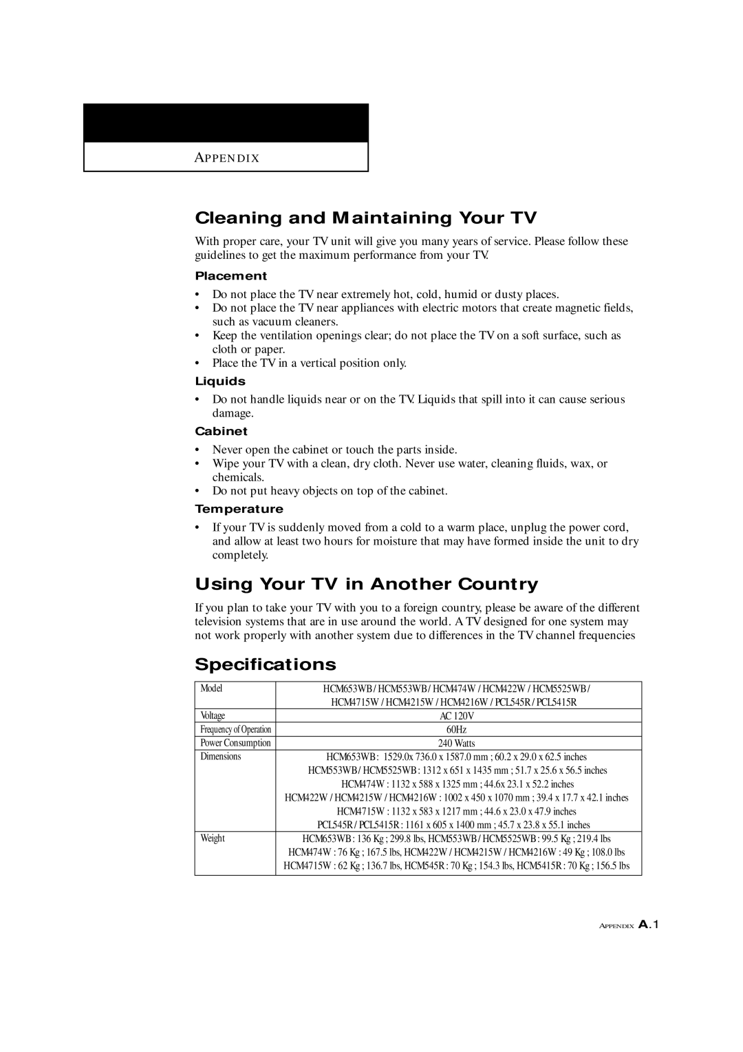 Samsung HCM553WB, HCM653WB, HCM4715W Cleaning and Maintaining Your TV, Using Your TV in Another Country, Specifications 