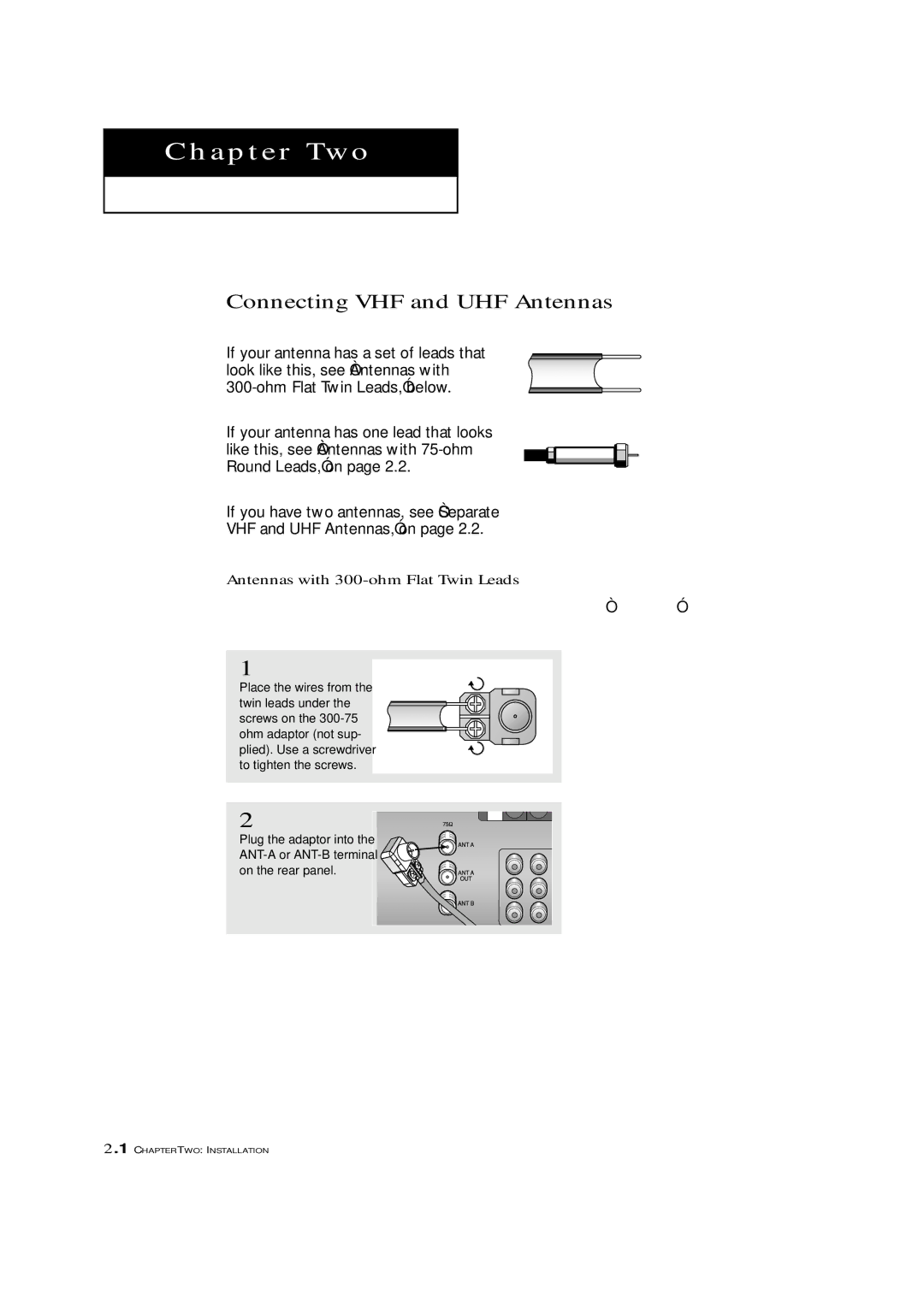 Samsung HCN4226W manual Connecting VHF and UHF Antennas, Antennas with 300-ohm Flat Twin Leads 