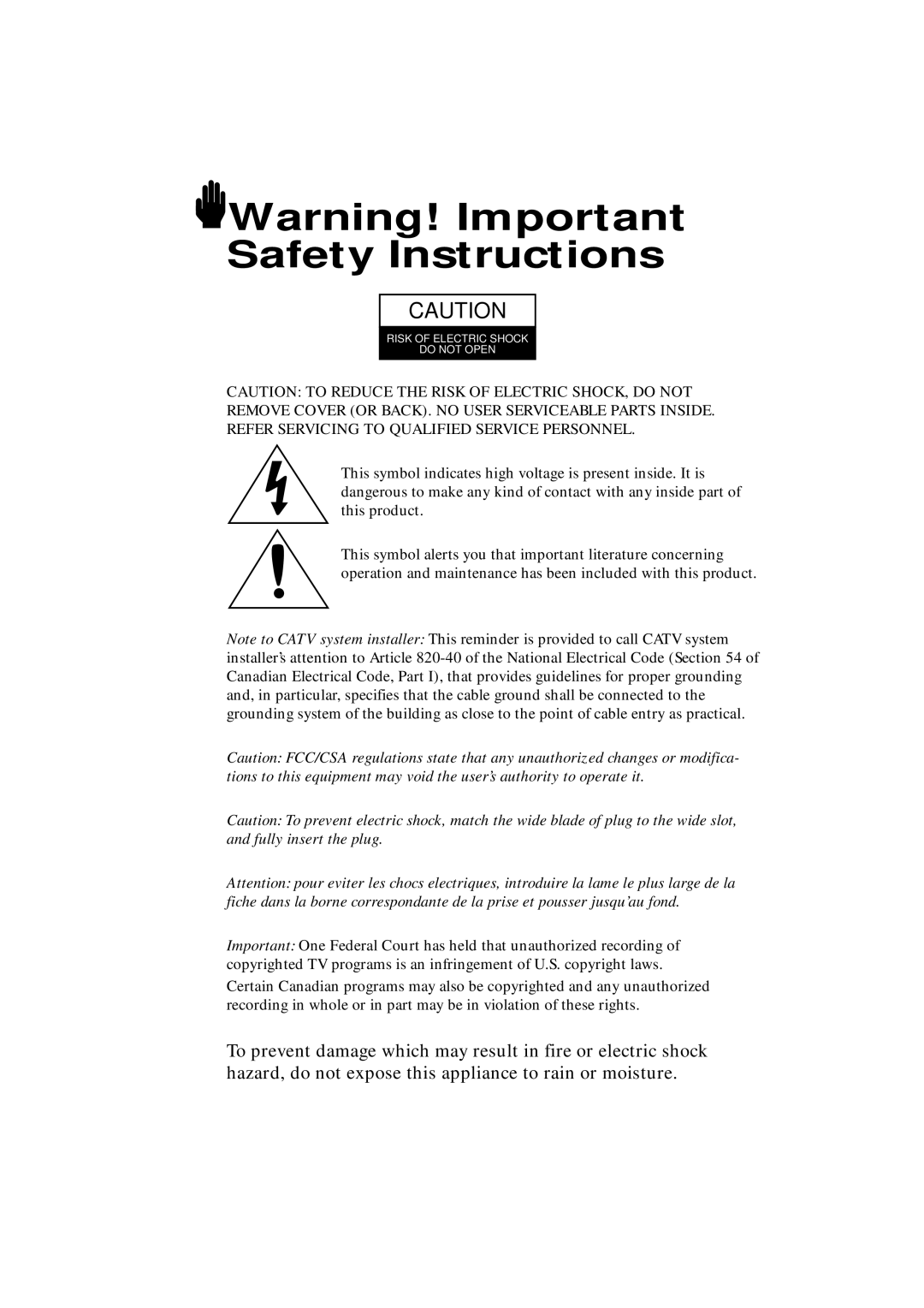 Samsung HCN4226W manual Risk of Electric Shock Do not Open 