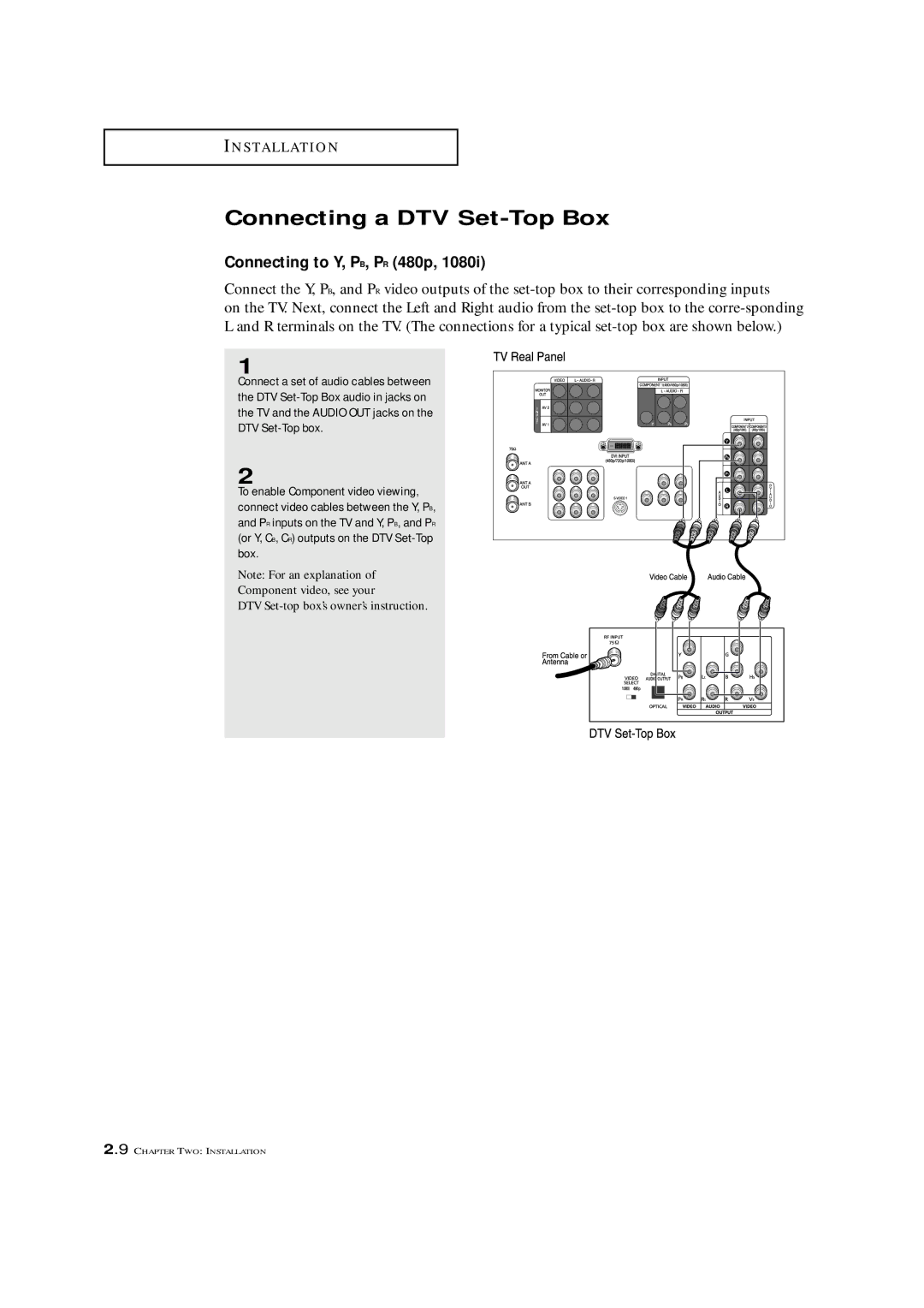 Samsung HCN4226W manual Connecting a DTV Set-Top Box, Connecting to Y, PB, PR 480p 