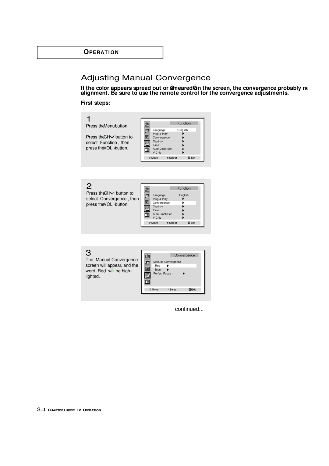 Samsung HCN4226W manual Adjusting Manual Convergence 