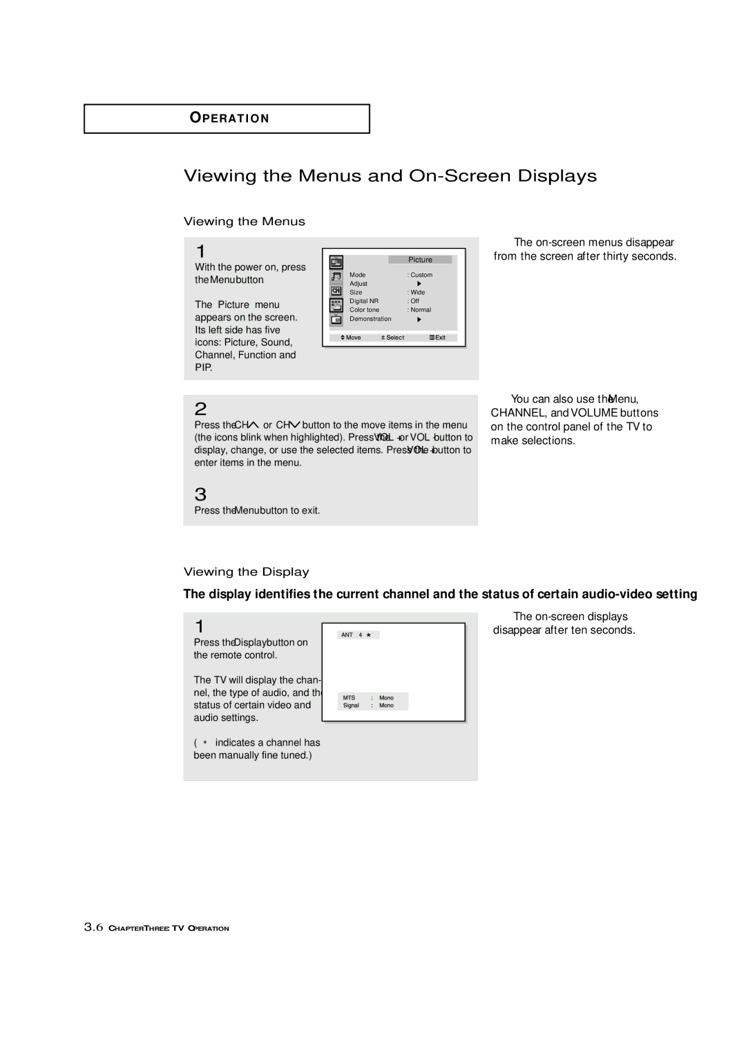 Samsung HCN4226W manual Viewing the Menus and On-Screen Displays, Viewing the Display 