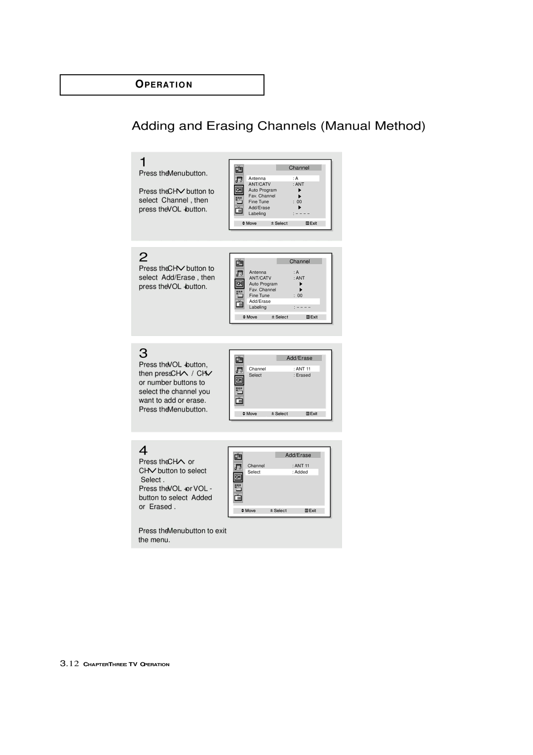 Samsung HCN4226W manual Adding and Erasing Channels Manual Method 