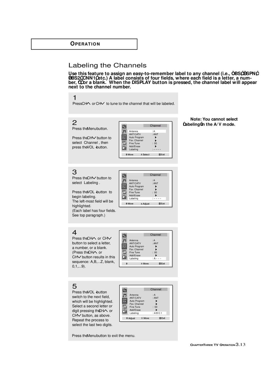 Samsung HCN4226W manual Labeling the Channels, Labeling in the A/V mode, Select Channel, then 