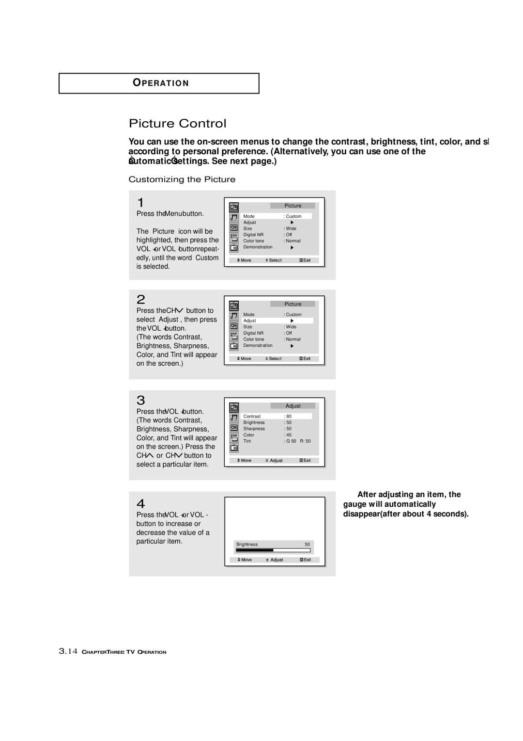 Samsung HCN4226W manual Picture Control, Customizing the Picture, After adjusting an item 