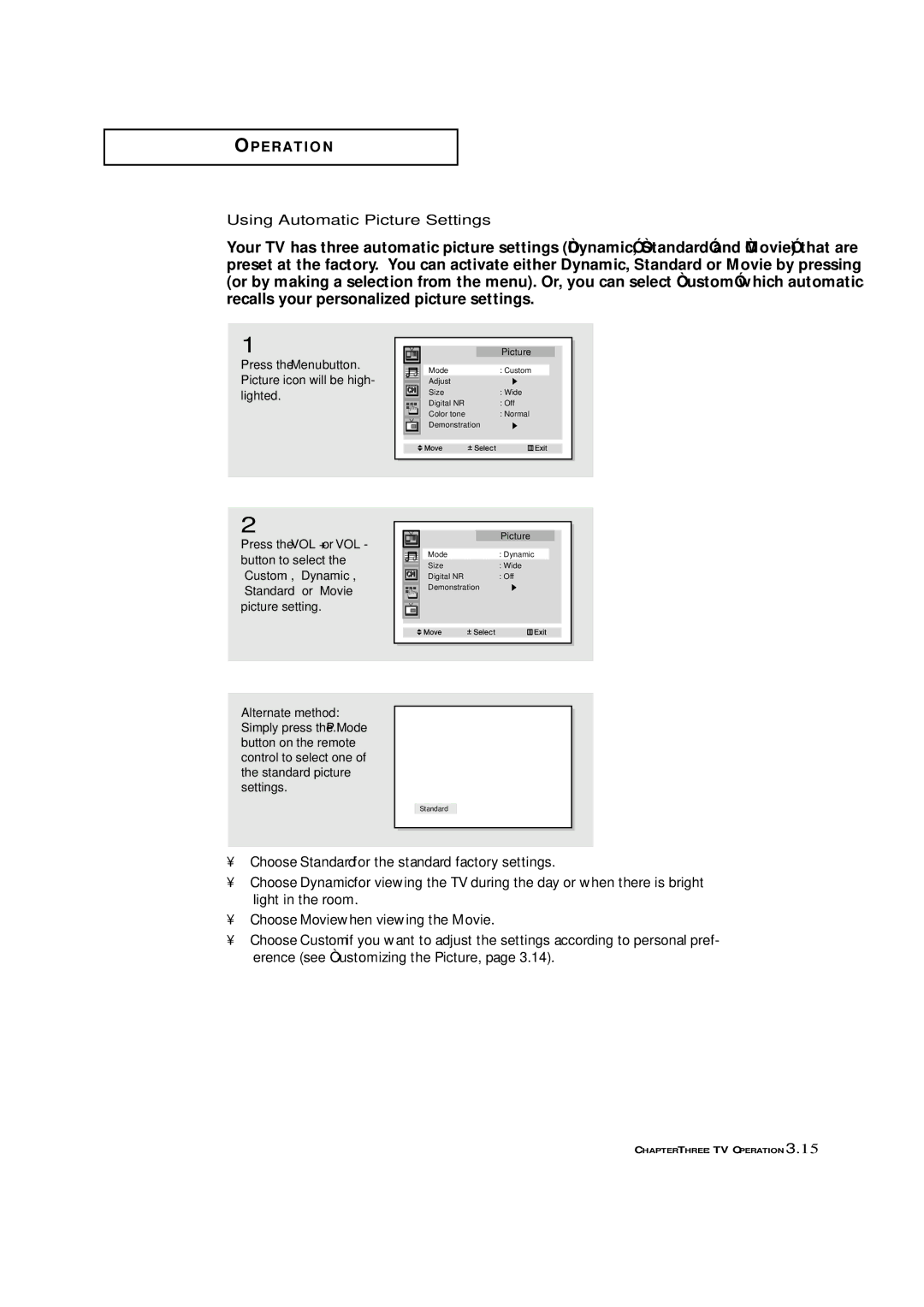 Samsung HCN4226W manual Using Automatic Picture Settings, Press the Menu button. Picture icon will be high- lighted 