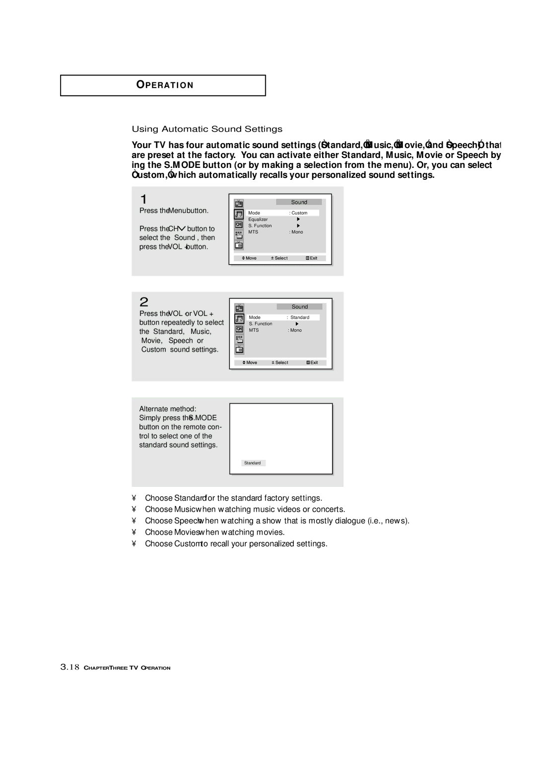 Samsung HCN4226W manual Using Automatic Sound Settings 