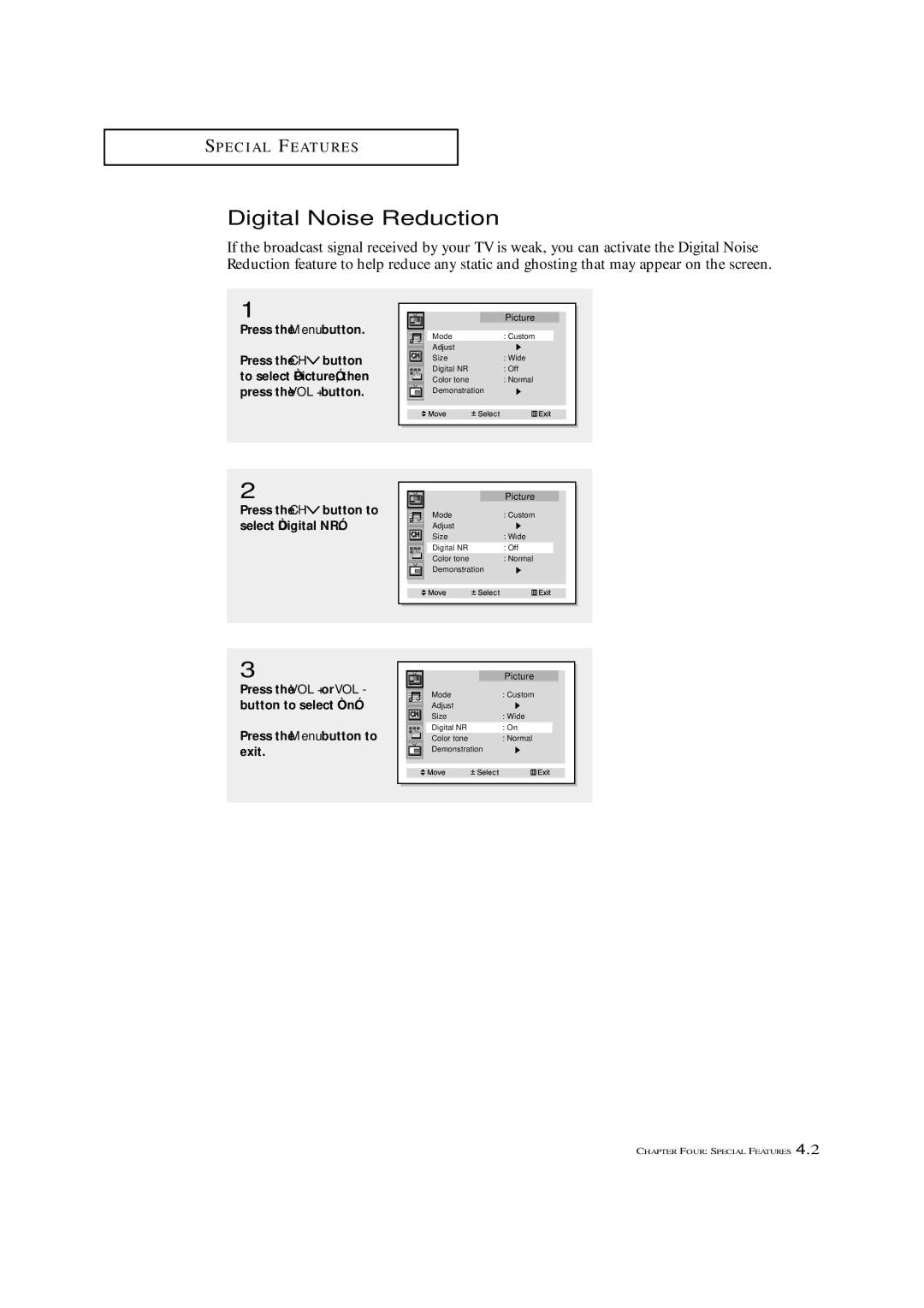 Samsung HCN4226W manual Digital Noise Reduction, Press the Menu button 