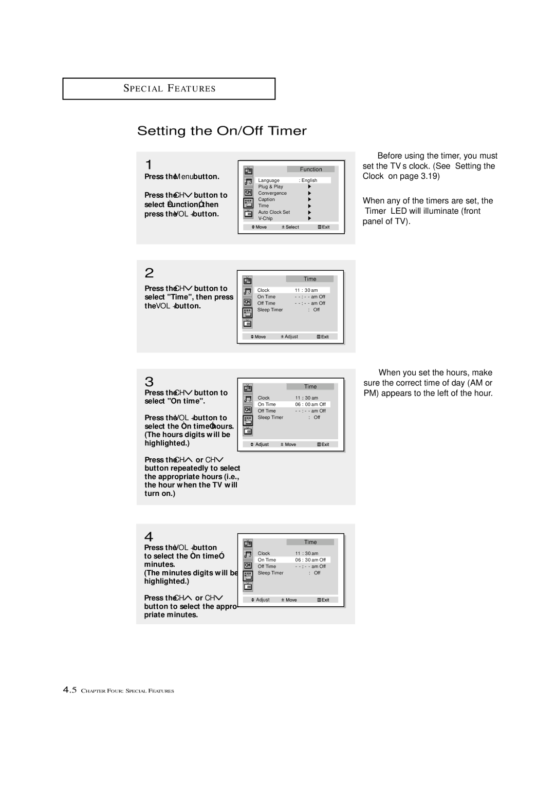 Samsung HCN4226W manual Setting the On/Off Timer, Before using the timer, you must, Select Function, then 