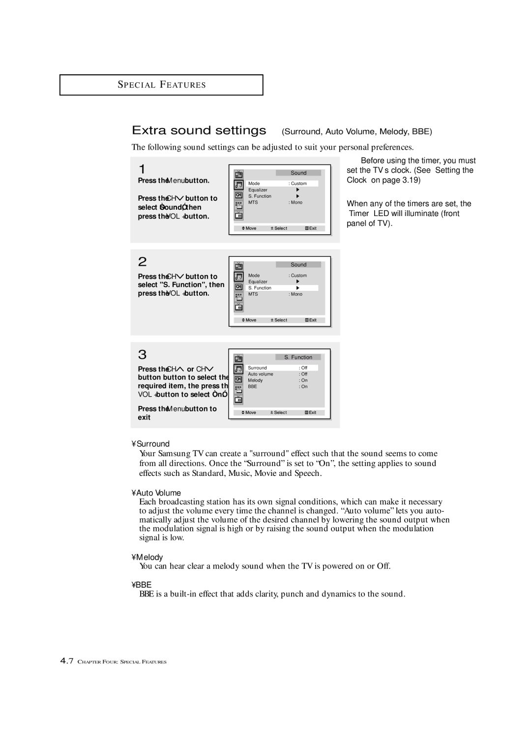 Samsung HCN4226W manual Extra sound settings Surround, Auto Volume, Melody, BBE 