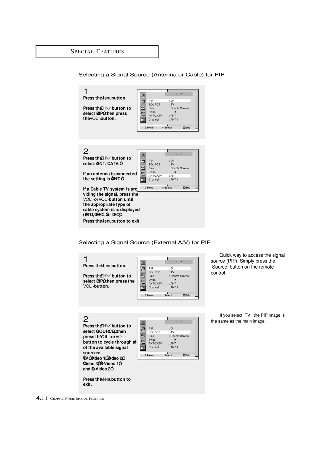 Samsung HCN4226W manual Selecting a Signal Source Antenna or Cable for PIP, Selecting a Signal Source External A/V for PIP 