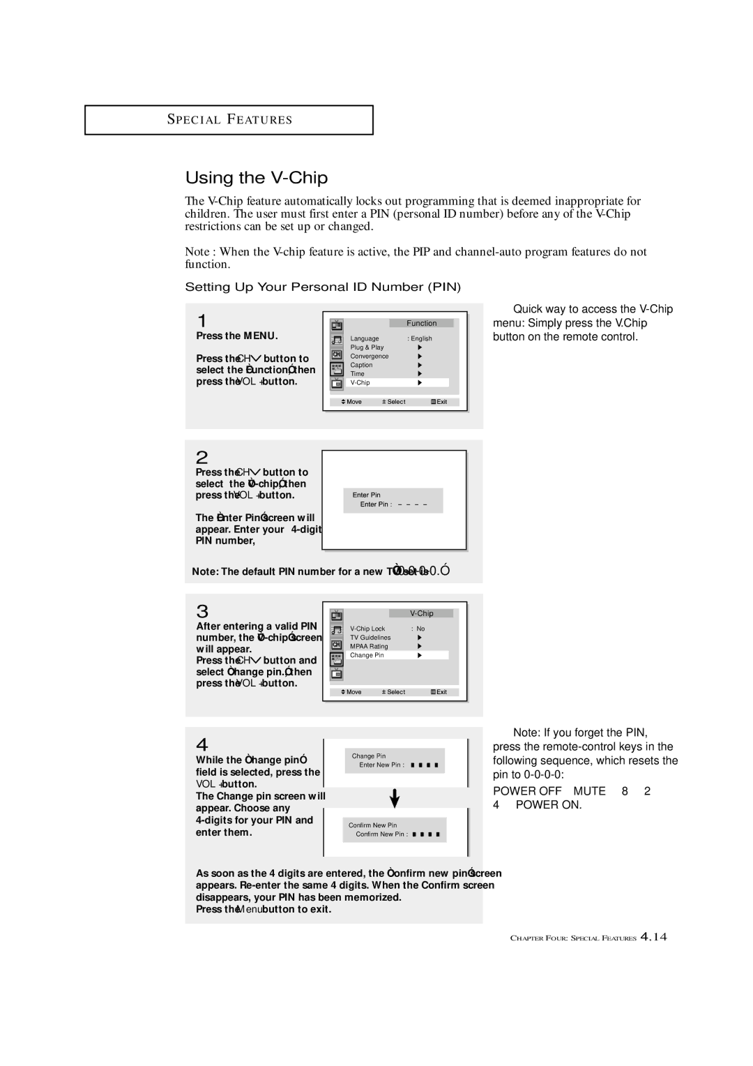 Samsung HCN4226W manual Using the V-Chip, Setting Up Your Personal ID Number PIN, Quick way to access the V-Chip 