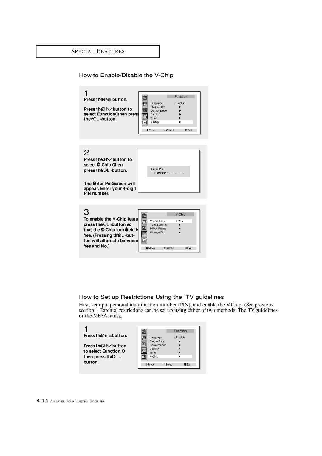 Samsung HCN4226W manual How to Enable/Disable the V-Chip, How to Set up Restrictions Using the TV guidelines 