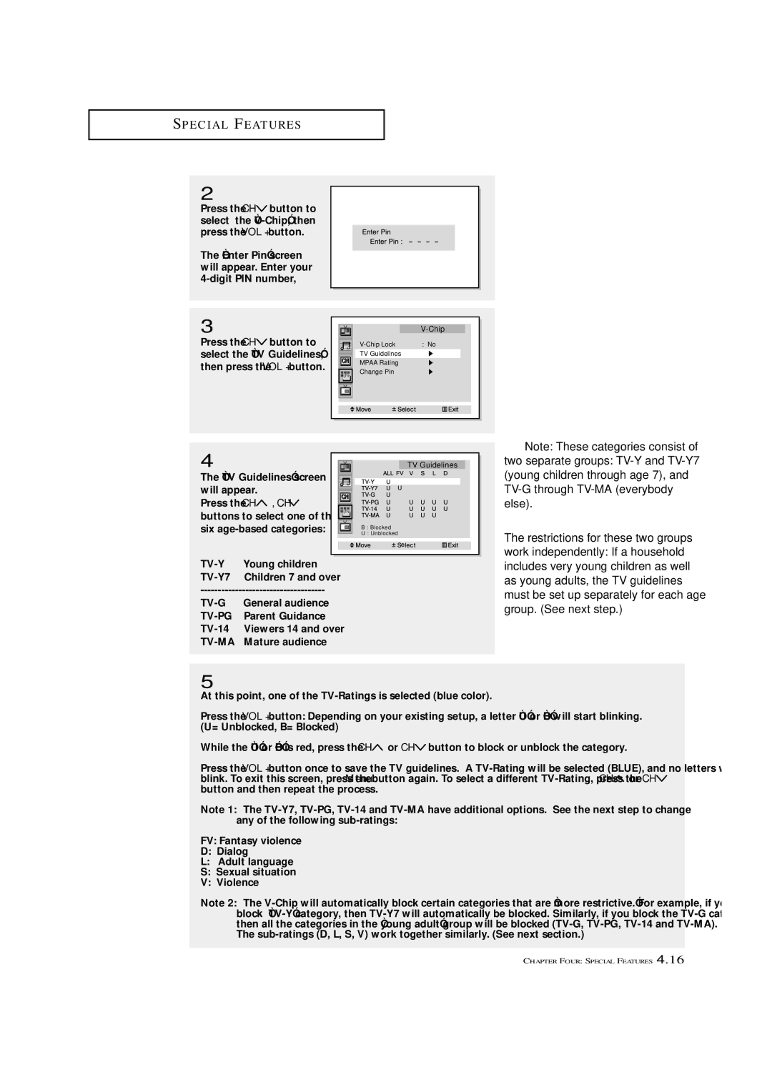 Samsung HCN4226W manual TV Guidelines screen will appear, General audience, Parent Guidance, TV-14, Mature audience 