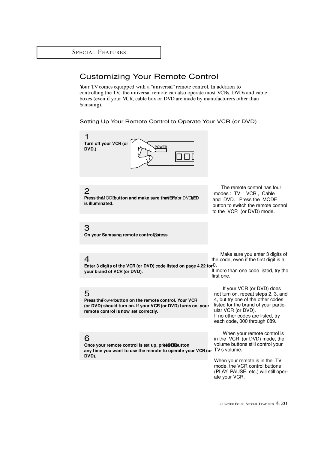 Samsung HCN4226W manual Customizing Your Remote Control, Setting Up Your Remote Control to Operate Your VCR or DVD 