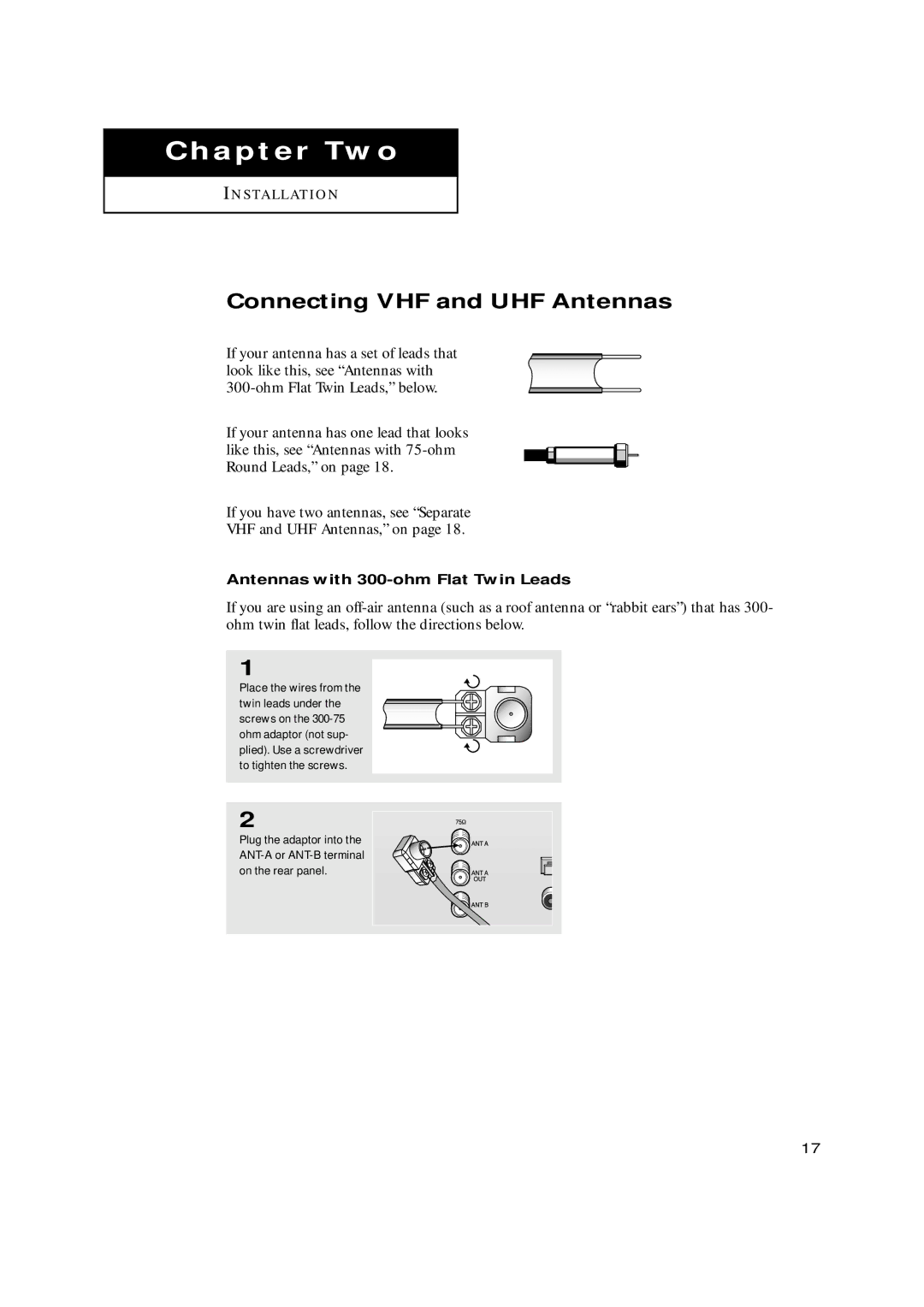 Samsung HCN529W, HCN479W, HCN559W, HCN659W, HCN5529W Connecting VHF and UHF Antennas, Antennas with 300-ohm Flat Twin Leads 