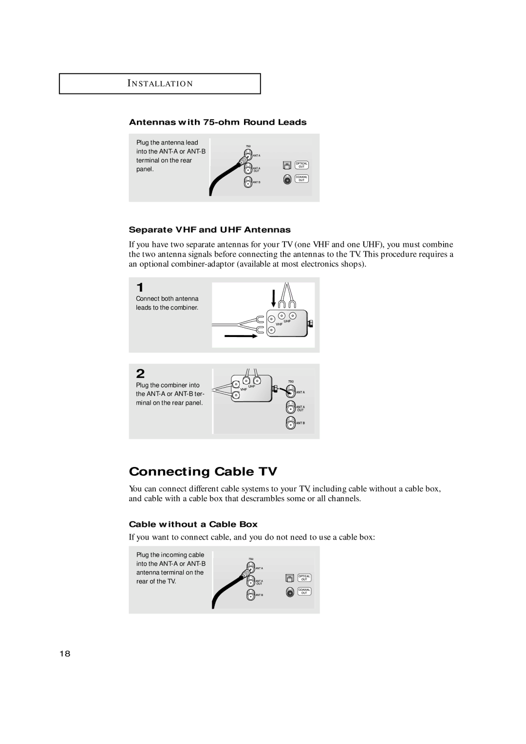 Samsung HCN659W, HCN479W, HCN559W manual Connecting Cable TV, Antennas with 75-ohm Round Leads, Separate VHF and UHF Antennas 