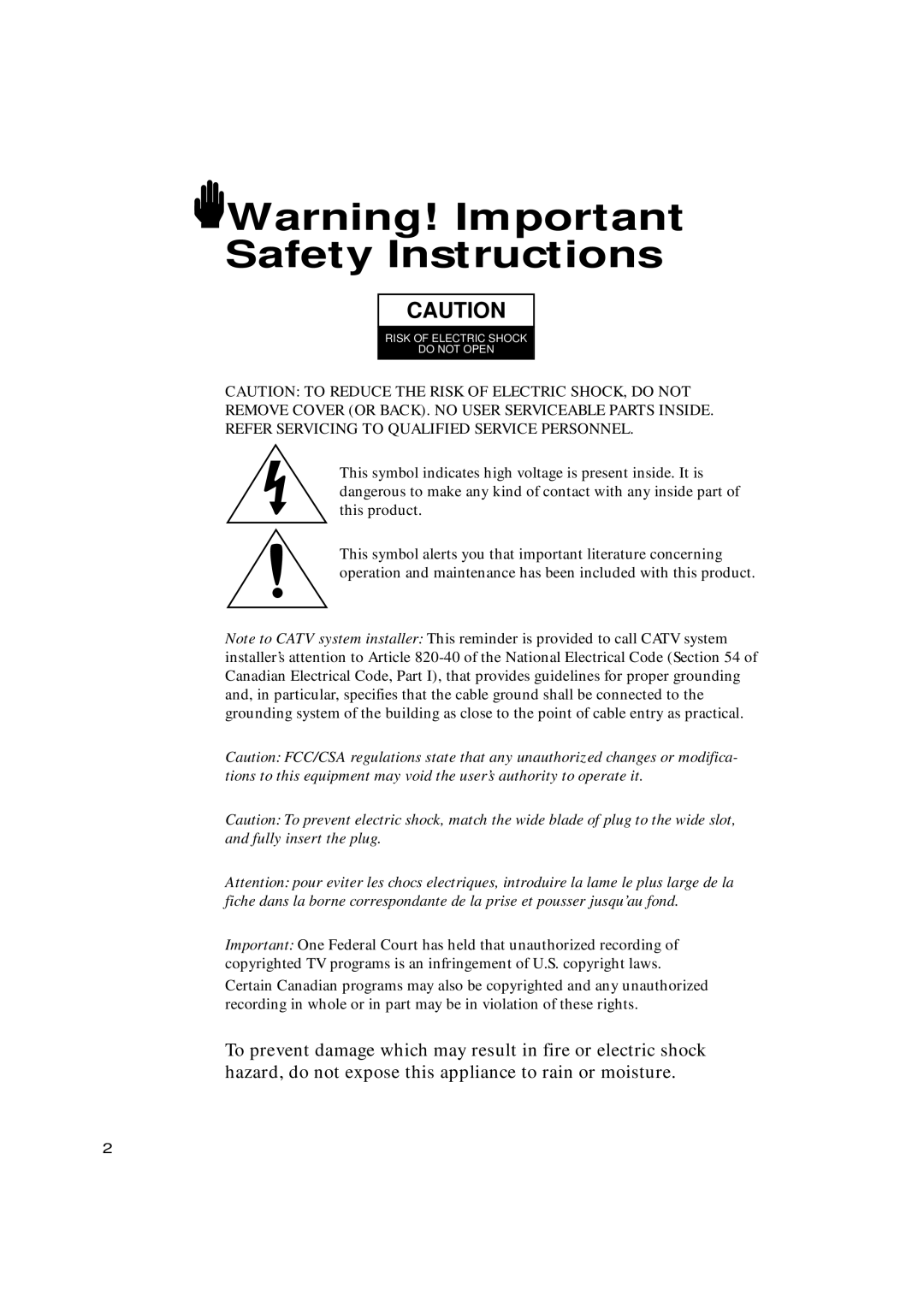 Samsung HCN529W, HCN479W, HCN559W, HCN659W, HCN5529W manual Risk of Electric Shock Do not Open 