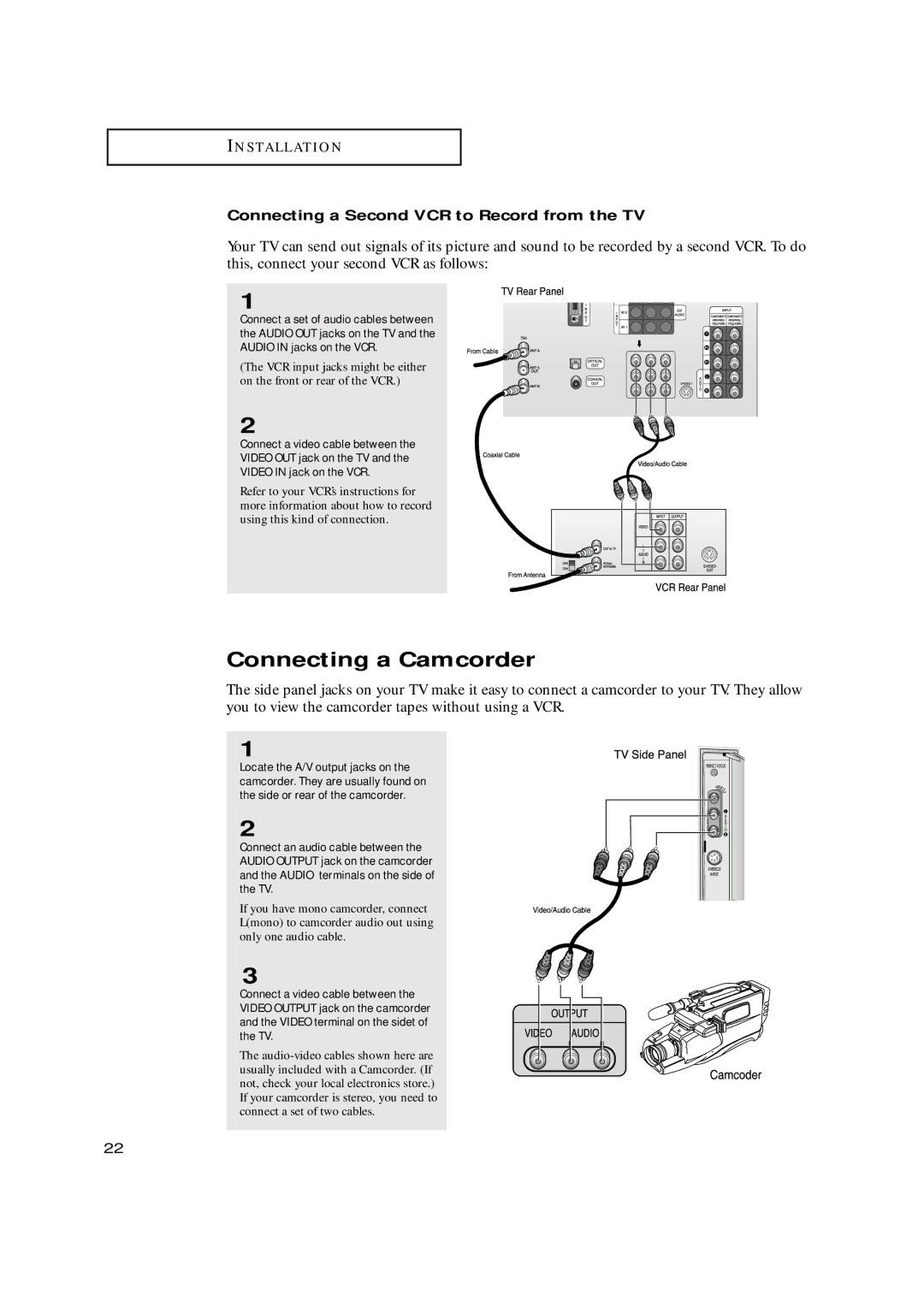 Samsung HCN529W, HCN479W, HCN559W, HCN659W, HCN5529W Connecting a Camcorder, Connecting a Second VCR to Record from the TV 